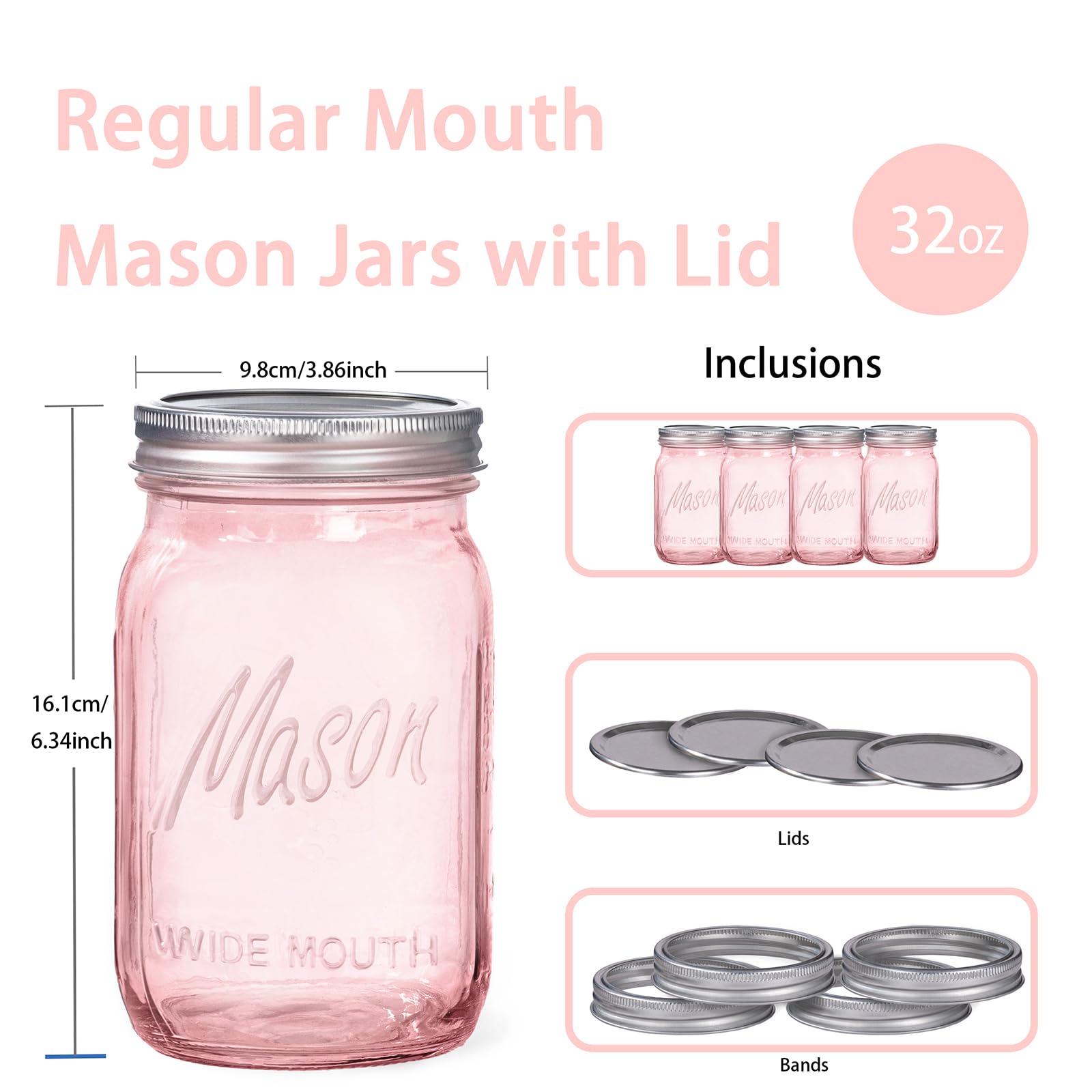 I00000 Pink Mason Jars 32 oz,4 Pack Wide Mouth Mason Jars for Safe Storage,Fermenting,Pickling,DIY,Crafts Decoration