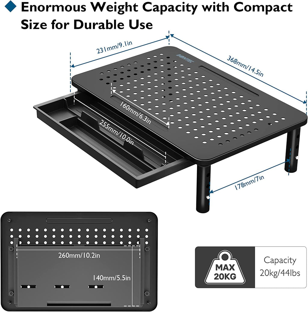 BONTEC 2 Pack Monitor Stand Riser, 3 Height Adjustable Monitor Stand for Desk, Computer Monitor Riser Stand with Mesh Platform for Laptop, Computer, iMac, PC (Black, 2 Pack with Storage)