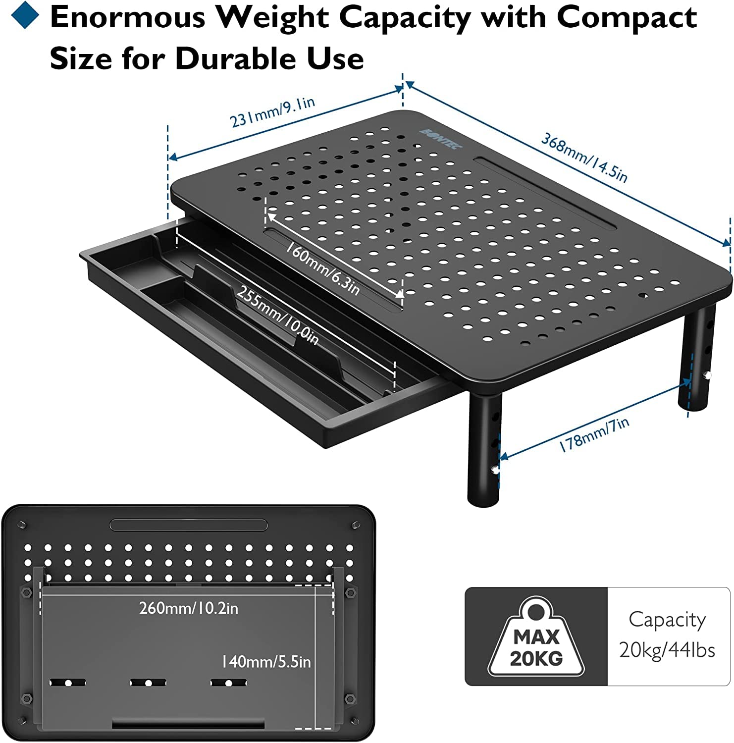BONTEC 2 Pack Monitor Stand Riser, 3 Height Adjustable Monitor Stand for Desk, Computer Monitor Riser Stand with Mesh Platform for Laptop, Computer, iMac, PC (Black, 2 Pack with Storage)
