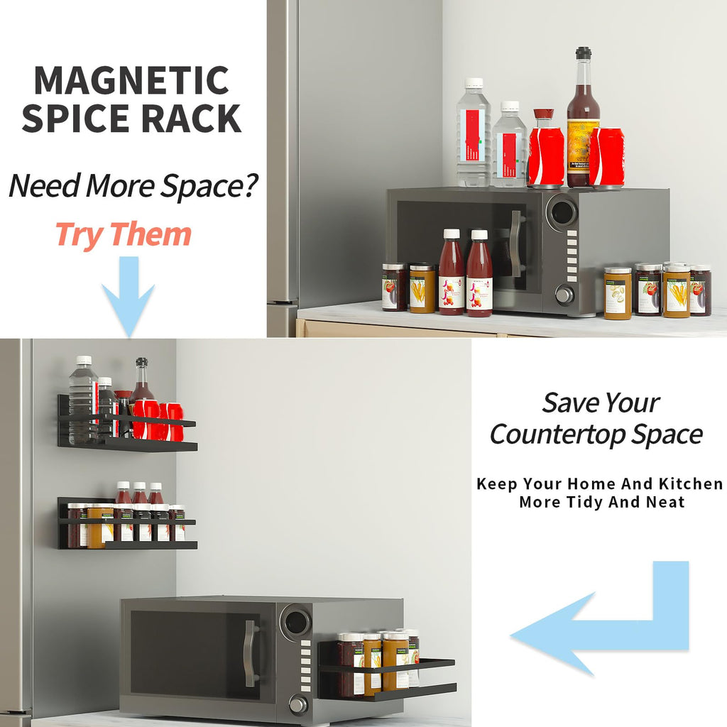 Magnetic Shelf,Magnetic Spice Rack for Refrigerator,Magnetic Stove Shelf Fridge Storage Organizer For Kitchen,Spice Rack for Cabinet,Space Container,Drill free (Black, 2 Pack)