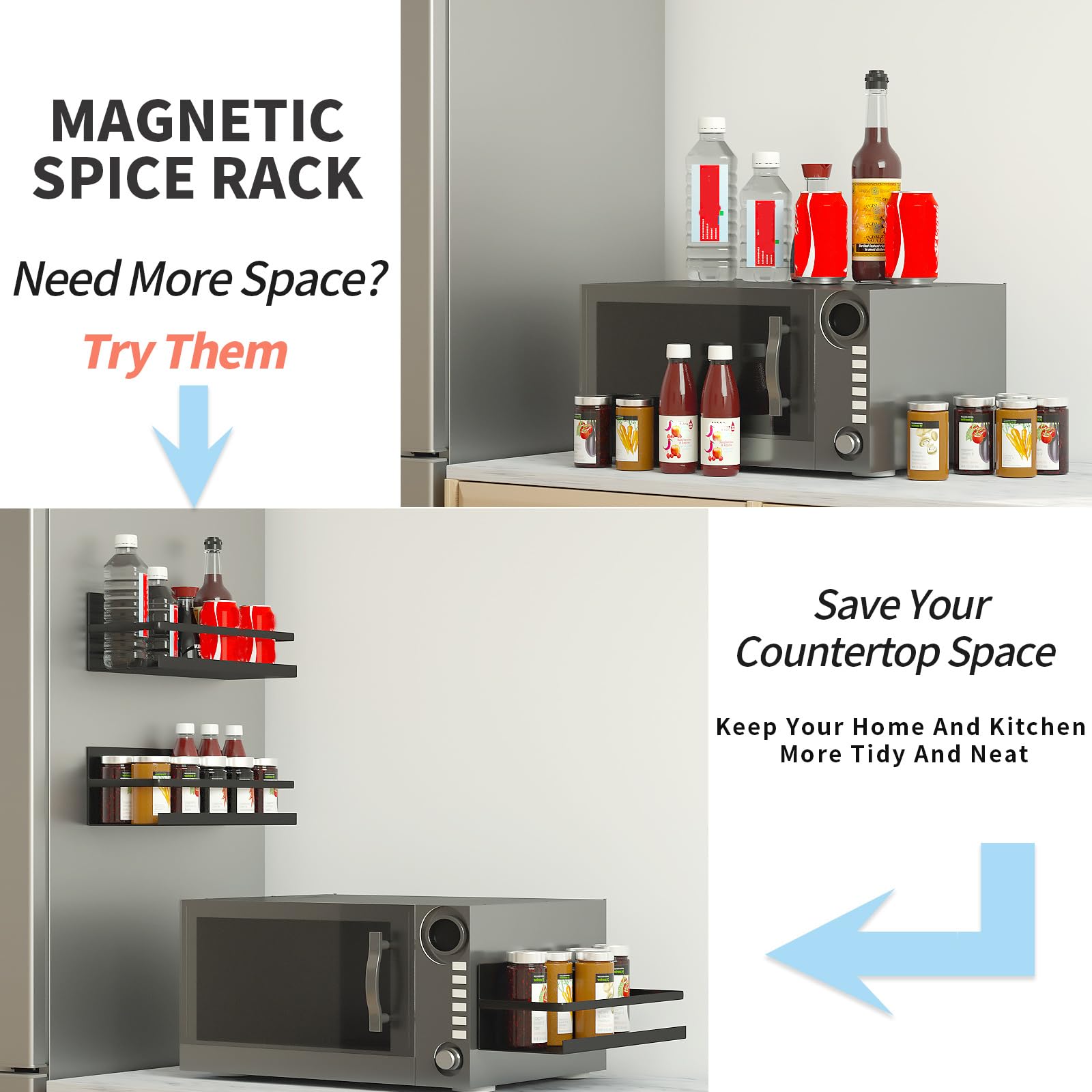 Magnetic Shelf,Magnetic Spice Rack for Refrigerator,Magnetic Stove Shelf Fridge Storage Organizer For Kitchen,Spice Rack for Cabinet,Space Container,Drill free (Black, 2 Pack)