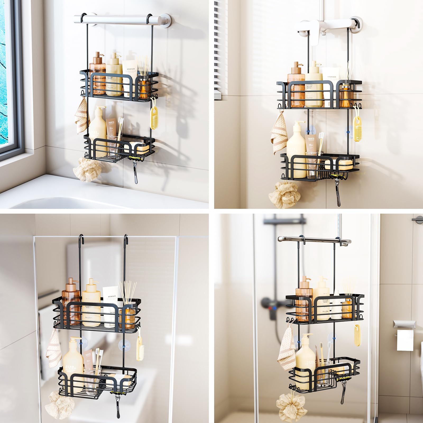 SWTYMIKI Shower Caddy Hanging - Over the Door Shower Caddy with Soap Holder, 11 Hooks, 2 Installation Ways, Stainless Steel Rustproof Shower Shelves, Black