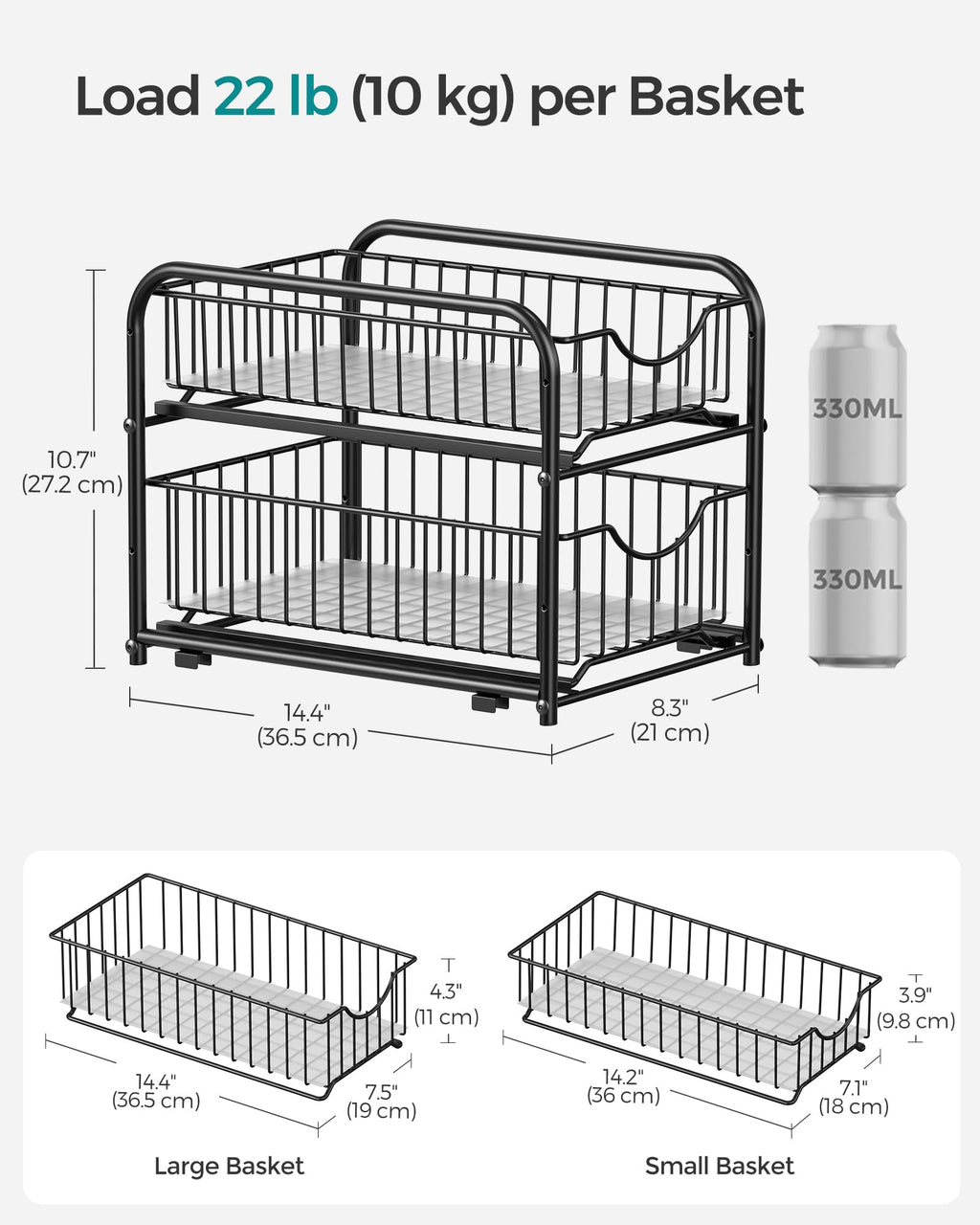 SONGMICS Pull Out Cabinet Organizer, 2-Tier Stackable Bathroom Organizer and Storage, 2 Sliding Basket Drawers, Cabinet Organizer for Kitchen, Bathroom, Ink Black UKCS017B01