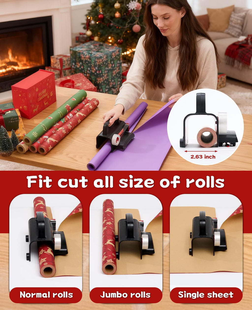 Upgrade 2 Pack Wrapping Paper Cutter with Tape Dispenser, Gift Wrap Cutter Tool with Wheels, 2 Replace Blades & 4 Tapes Kit for Christmas Paper Rolls Wrapping, Safe & Efficient for Precise Cutting