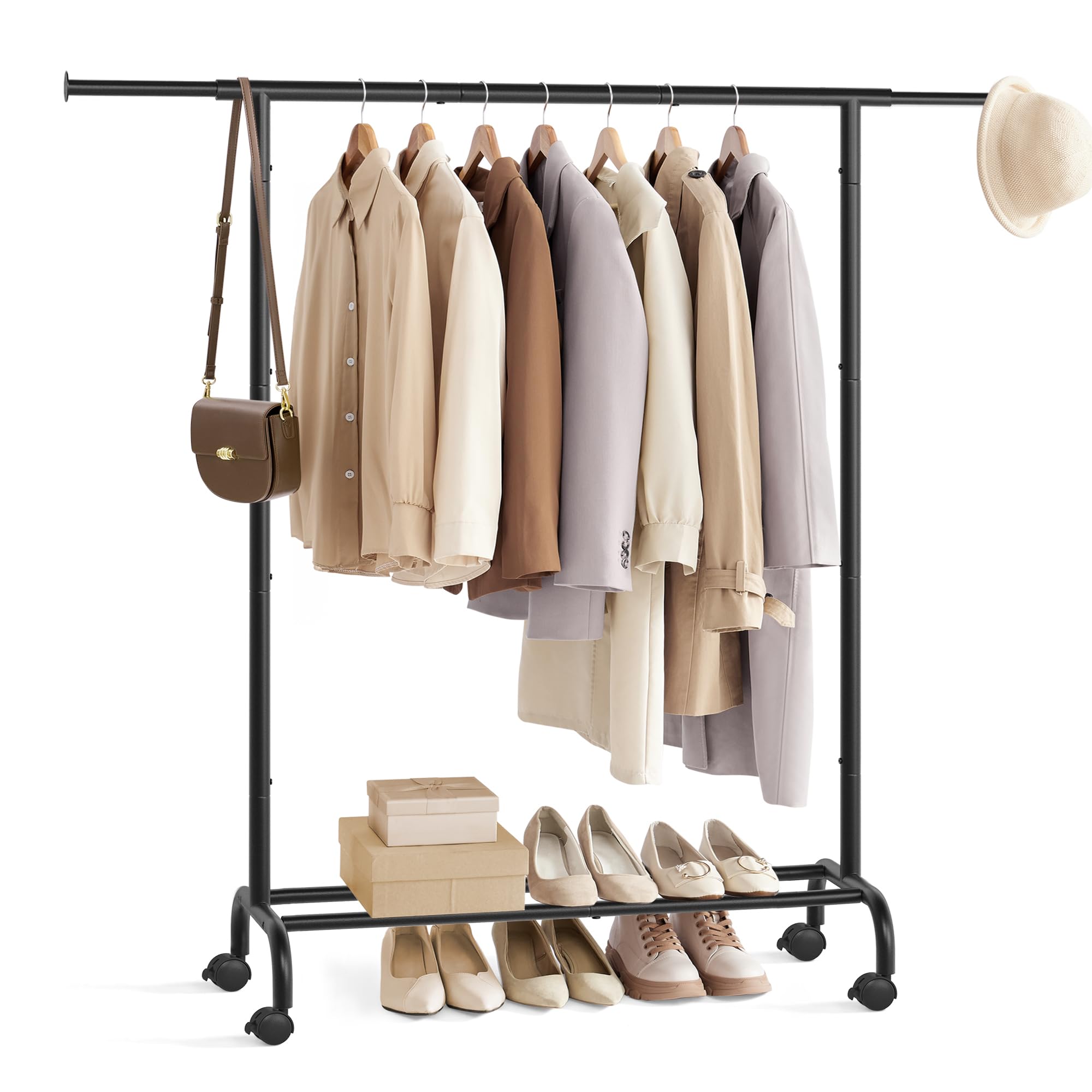 SONGMICS Clothes Rack, Single Clothing Rack, Garment Rack with Extendable Hanging Rails and Wheels, Heavy-Duty Metal Frame, 99 lb Total Max. Load, 32.7-47.2 Inches Wide, Ink Black UHSR134B01
