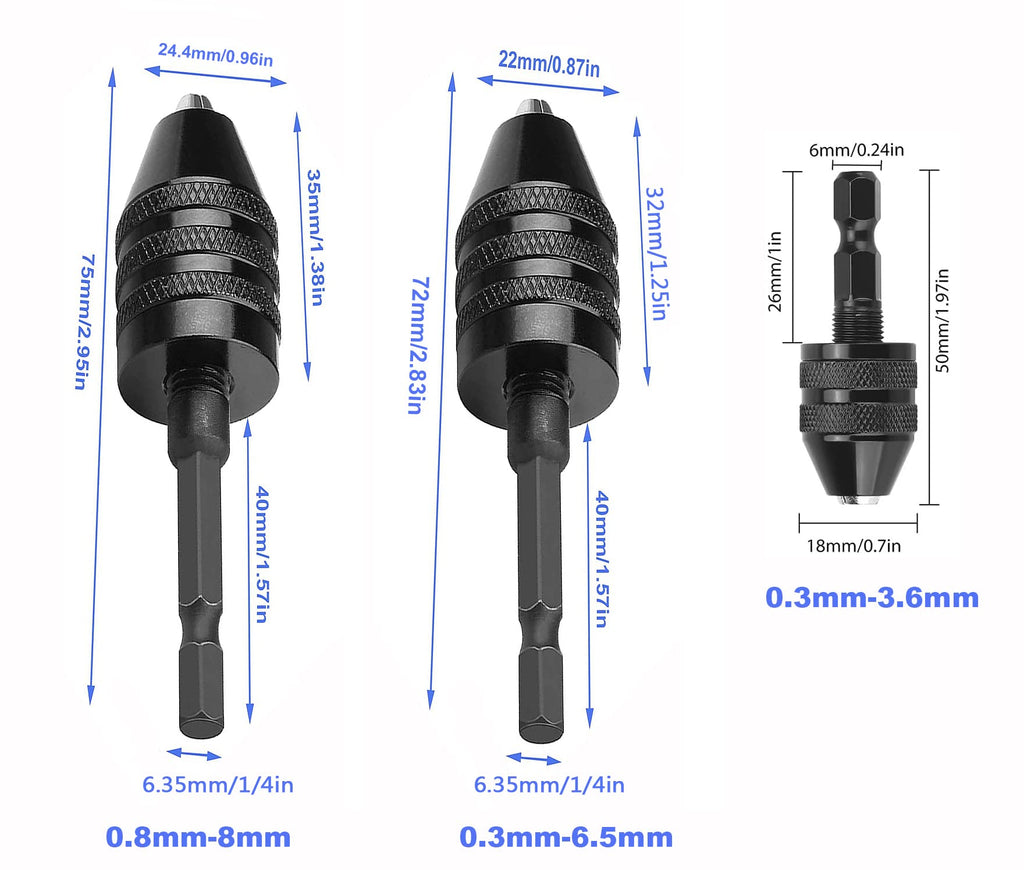 Chargenyang 3 Pcs Keyless Drill Chuck Bit 1/4 Inch Hex Shank Keyless Drill Chuck Conversion Tool,0.3-6.5mm&0.3-3.6mm&0.8-8mm Quick Screwdriver Drill Adapter for Micro Drill Bit