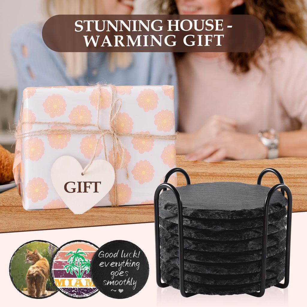 Slate Drink Coasters with Metal Holder, GOH DODD Set of 8 Black Coasters, 4 Inch Stone Coaster Set Coffee Table Decor Tabletop Protection for Home Kitchen Housewarming Gifts Wedding Party, Round