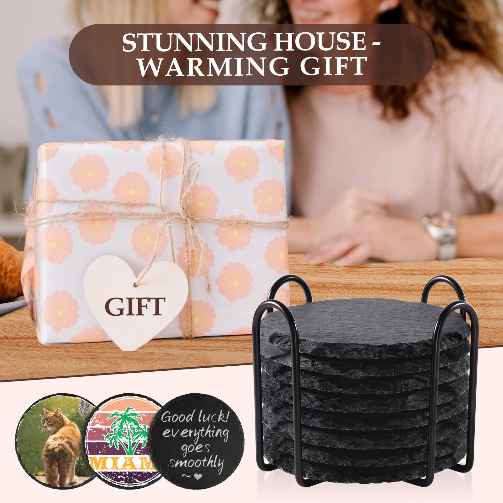 Slate Drink Coasters with Metal Holder, GOH DODD Set of 8 Black Coasters, 4 Inch Stone Coaster Set Coffee Table Decor Tabletop Protection for Home Kitchen Housewarming Gifts Wedding Party, Round