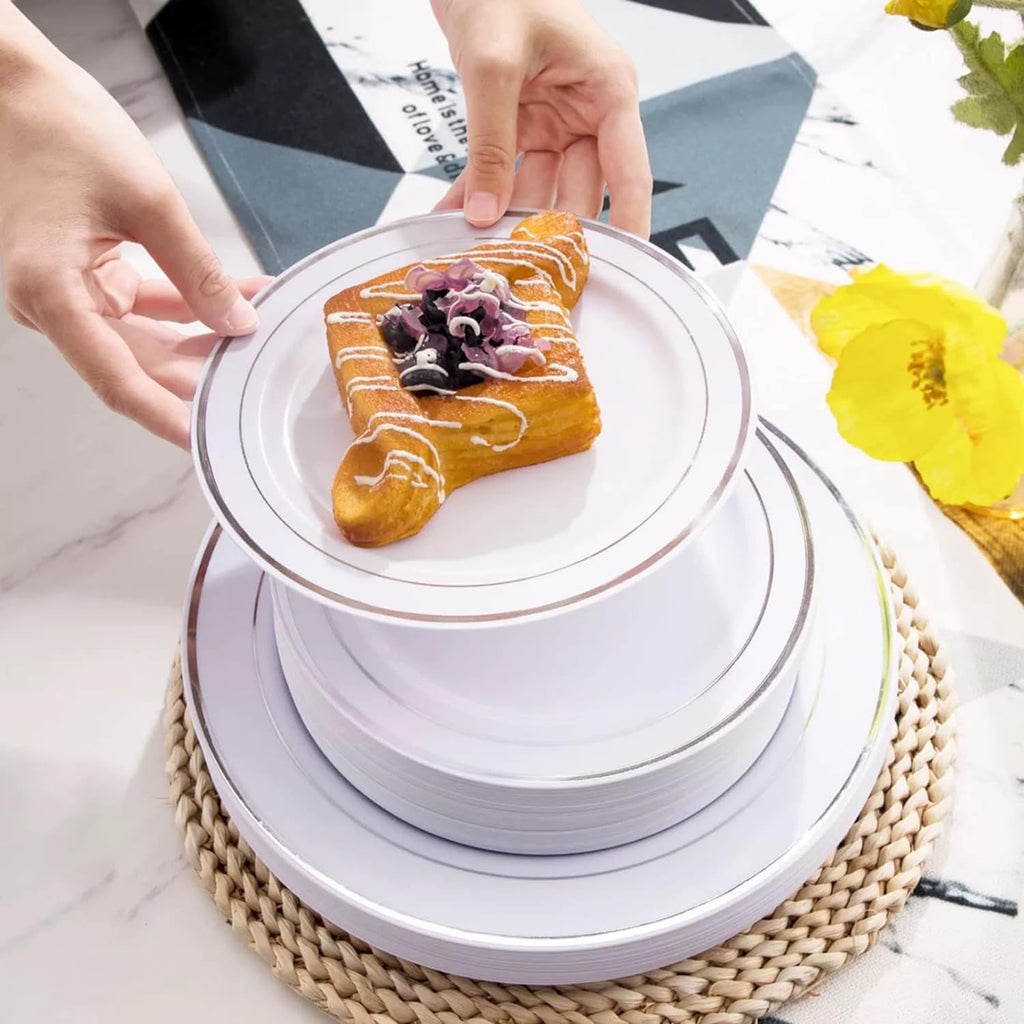 60Pcs Plastic Party Plates White Silver Rim, 30 Premium Heavy Duty 10.25 Inch Dinner Plates and 30 Disposable 7.5 Inch Dessert Appetizer Elegant Fancy Heavy Duty Wedding Plates