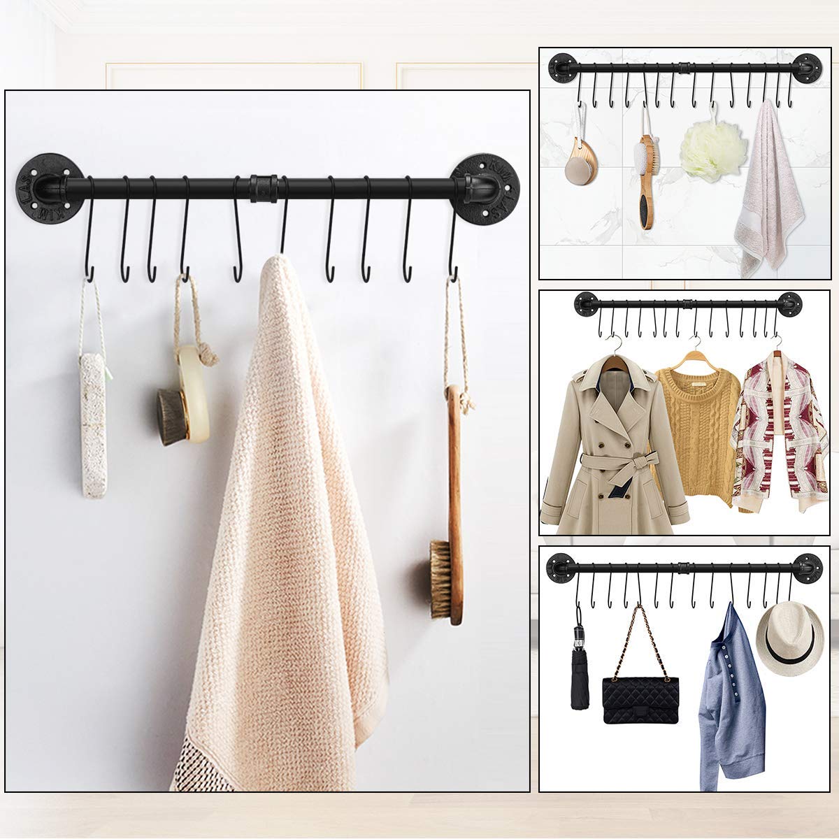 Toplife 80 cm/31.5 Inches Pot Rack, Kitchen Wall Mounted Detachable Pan Lid Utensils Organizer Hanging Rail with 14 Hooks, Black