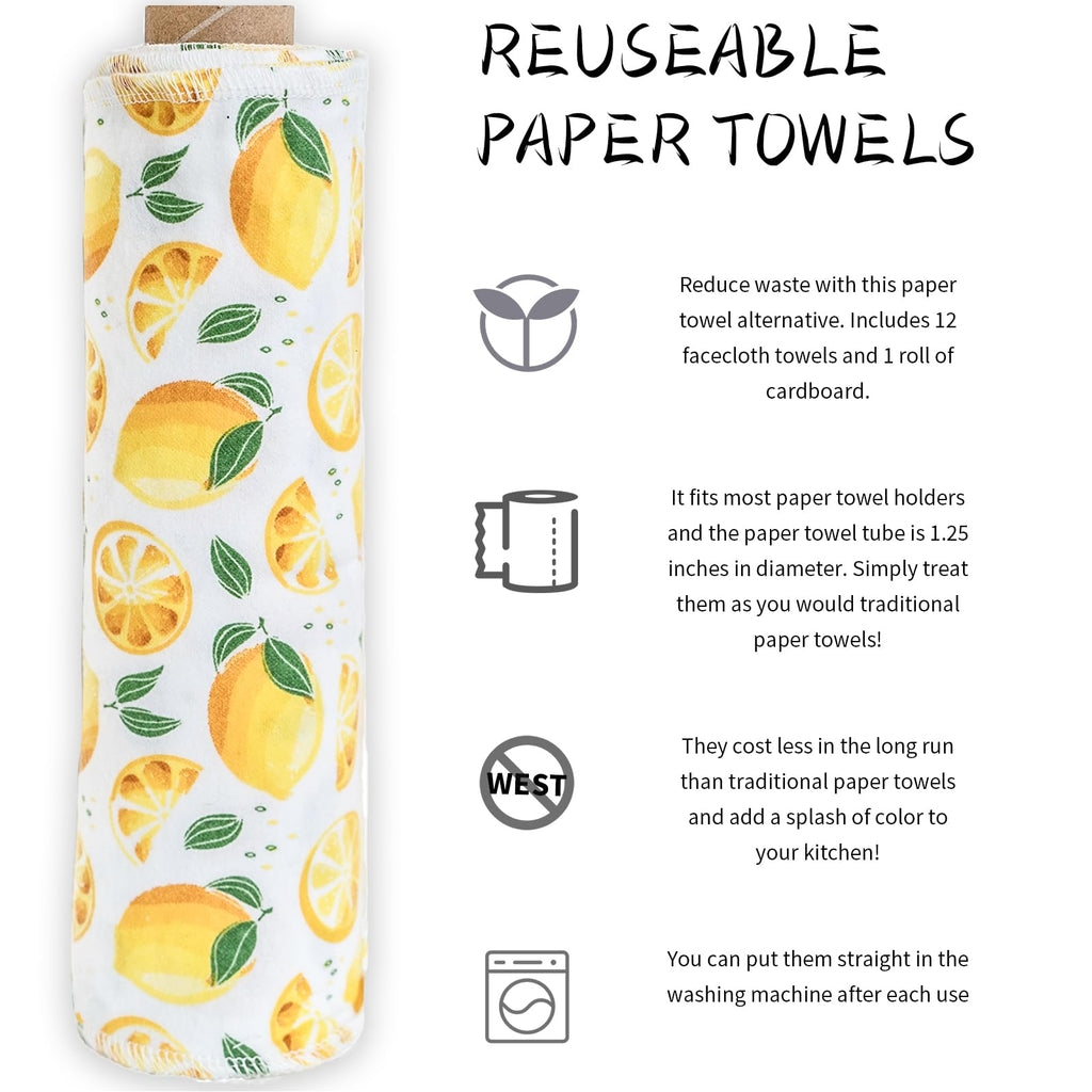 SFIUYDS Reusable Paper Towels Washable，Pack of 12 Paperless Napkins Flannel Cotton Cloth 10"X12"with Cardboard Roll，Made to Last - Cut Back and Waste Less Eco Friendly（Lemons）