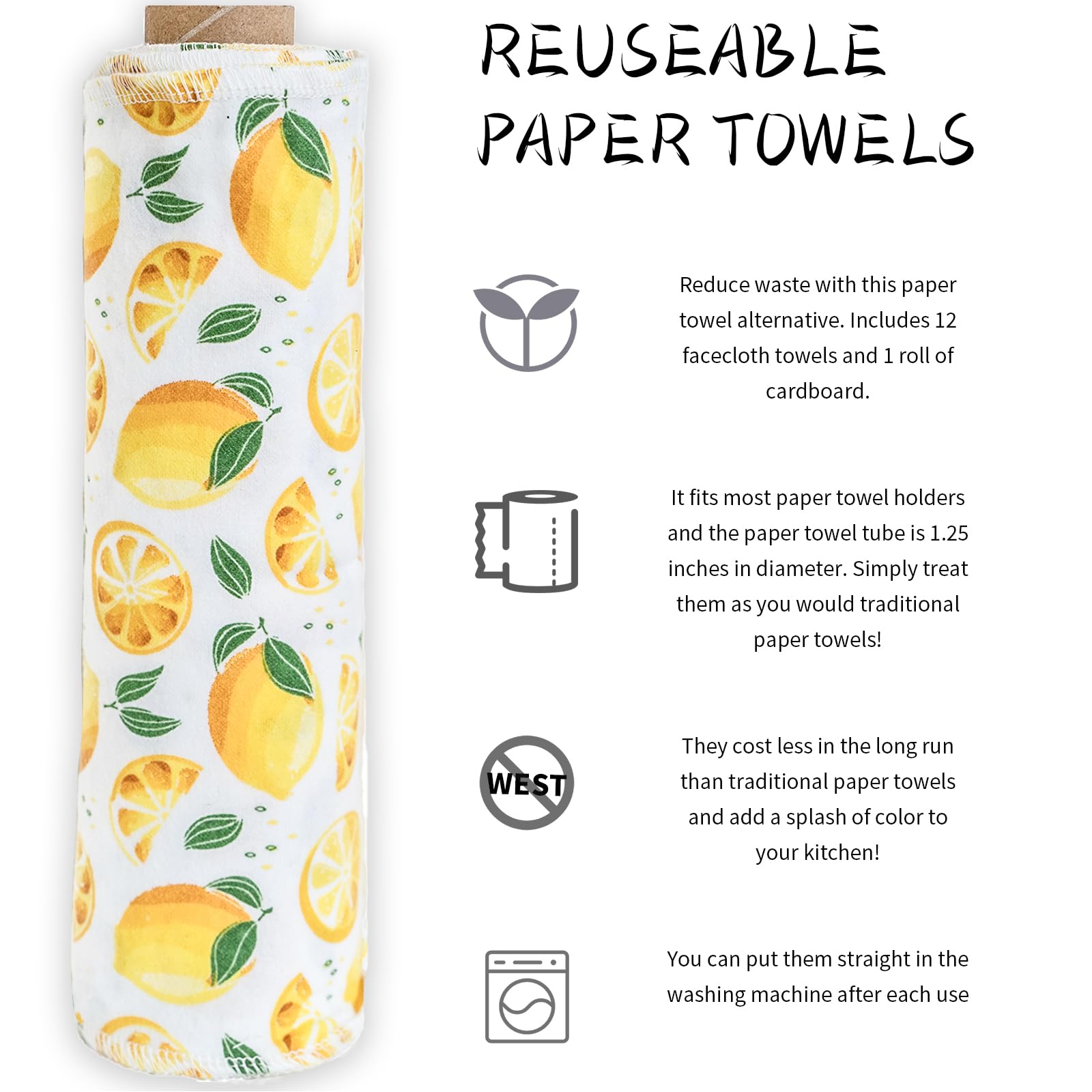 SFIUYDS Reusable Paper Towels Washable，Pack of 12 Paperless Napkins Flannel Cotton Cloth 10"X12"with Cardboard Roll，Made to Last - Cut Back and Waste Less Eco Friendly（Lemons）