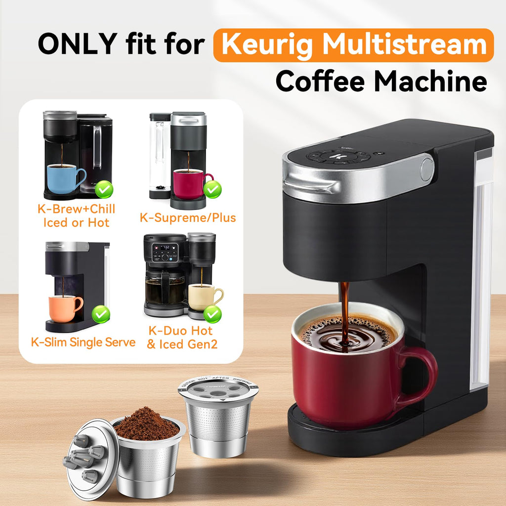 CAPMESSO Reusable K Cups for Keurig: 2025 Updated My K Cup Metal Coffee Filter Refillable Coffee Pods with 5 Holes - for K Supreme/K Slim/K-Duo Gen2/K-Brew Chill with MultiStream Technology (4 Pack)