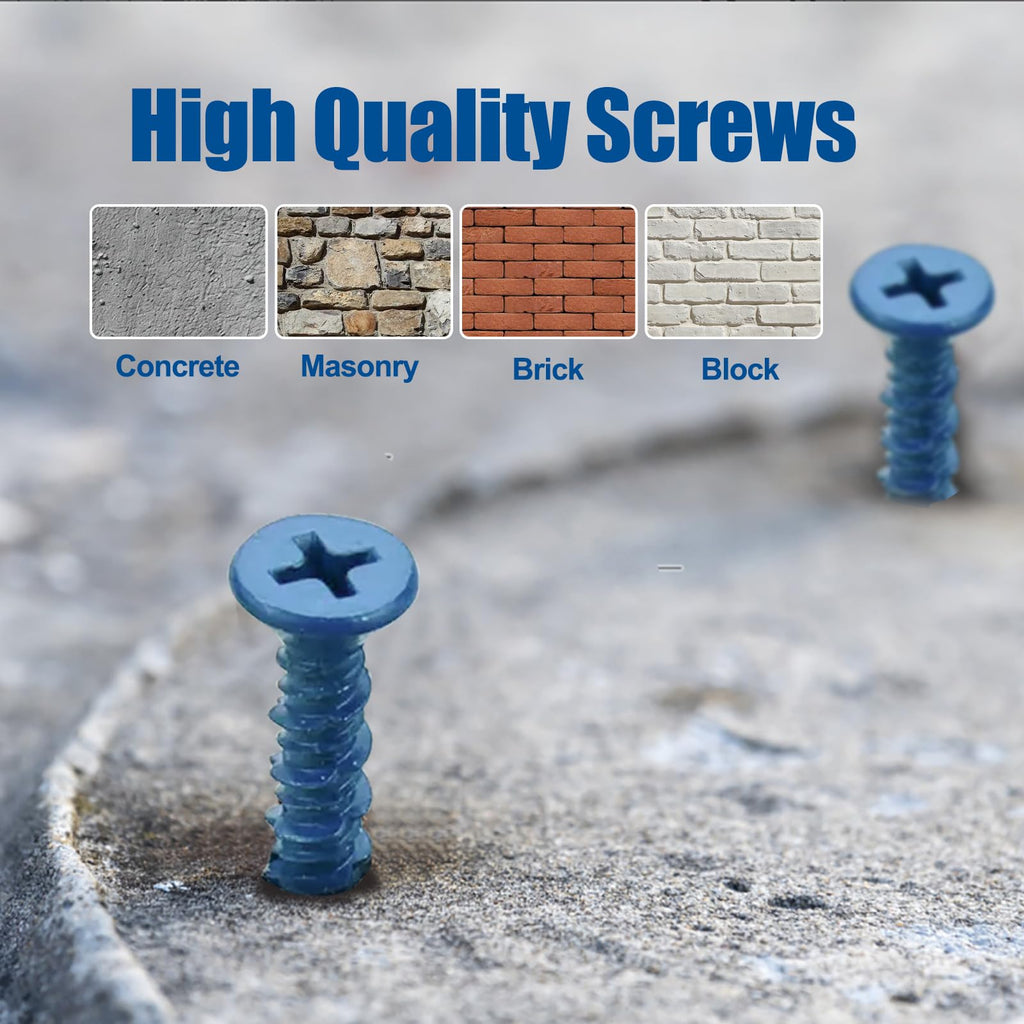 ANCHOREASE 3/16″×1-3/4″ (200Pcs) Flat Head Concrete Screw Anchor, Blue Screw, for Anchoring to Masonry, Block or Brick