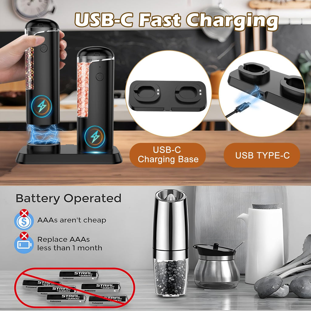 Automatic Pepper Grinder Salt Mill: Rechargeable Salt and Pepper Mill Set Electric Salt Grinder Adjustable Pepper Mills Refillable Salt Pepper Grinders Large Capacity Automatic Salt Shaker