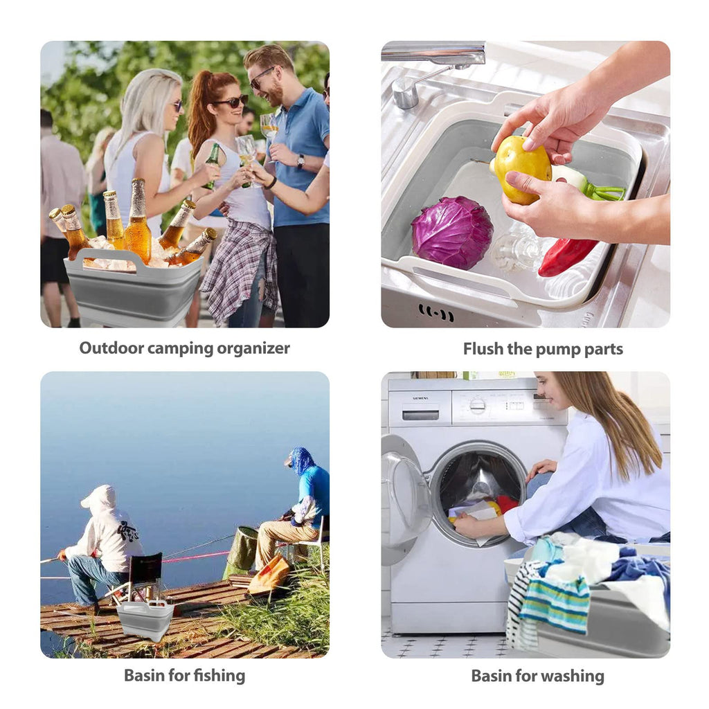 Ikaufen Dishpan for Washing Dishes, 9L (2.4Gallon) Collapsible Wash Basin with Drain Plug Carry Handles, Collapsible Bucket for Cleaning, Vegetable Washing, RV(Grey)