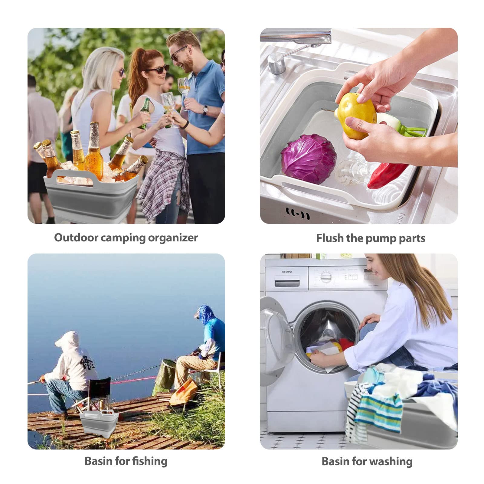 Ikaufen Dishpan for Washing Dishes, 9L (2.4Gallon) Collapsible Wash Basin with Drain Plug Carry Handles, Collapsible Bucket for Cleaning, Vegetable Washing, RV(Grey)