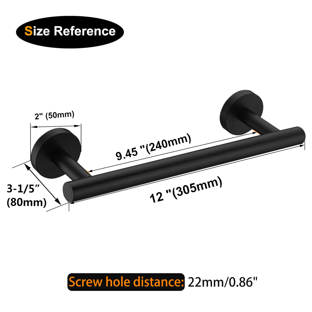 Nolimas Matte Black Bath Hand Towel Bar Single Bars Towel Rack Rod Classic Wall Mounted Stainless Steel Bathroom Towel Bar Toilet Kitchen Towel Shelf Single Layer,12inch