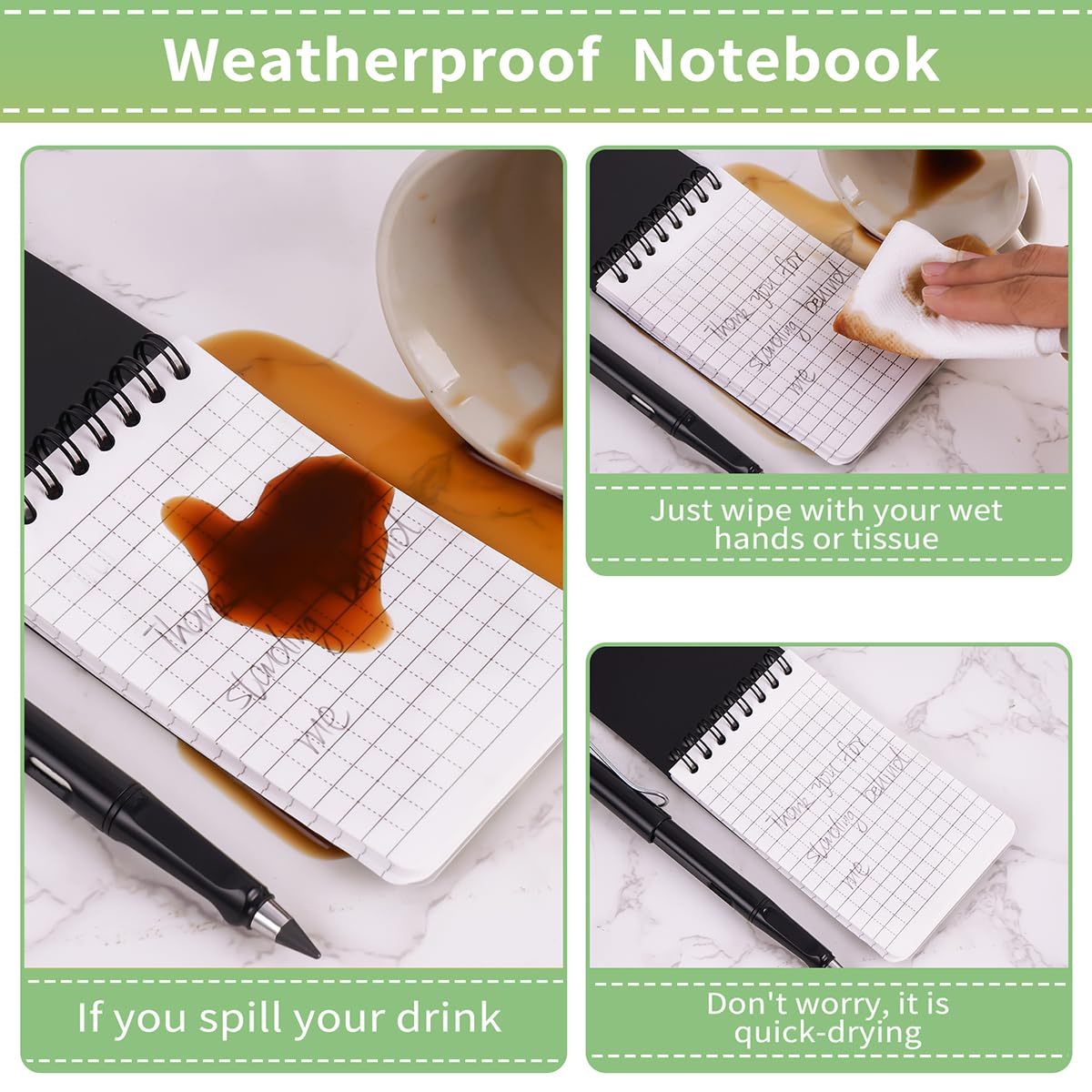 MOWEE Waterproof Notebook set of 5，3 x 5 Stone Paper Pocket Notepads，Portable All Weather Notebooks for Indoor & Field Police Notepad w/3pcs Small Spiral Note book, Pen & Storage Bag (5pcs, Black)