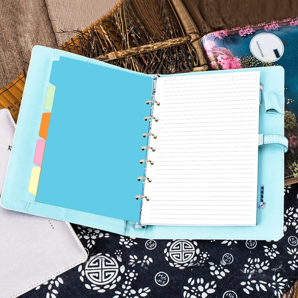 7-Hole Lined Paper Refills for Mini Binder - 100 Sheets/200 Pages 7 Ring Loose Leaf Lined Paper with 5 Colorful Tab Dividers, 5.8" x 8.5"