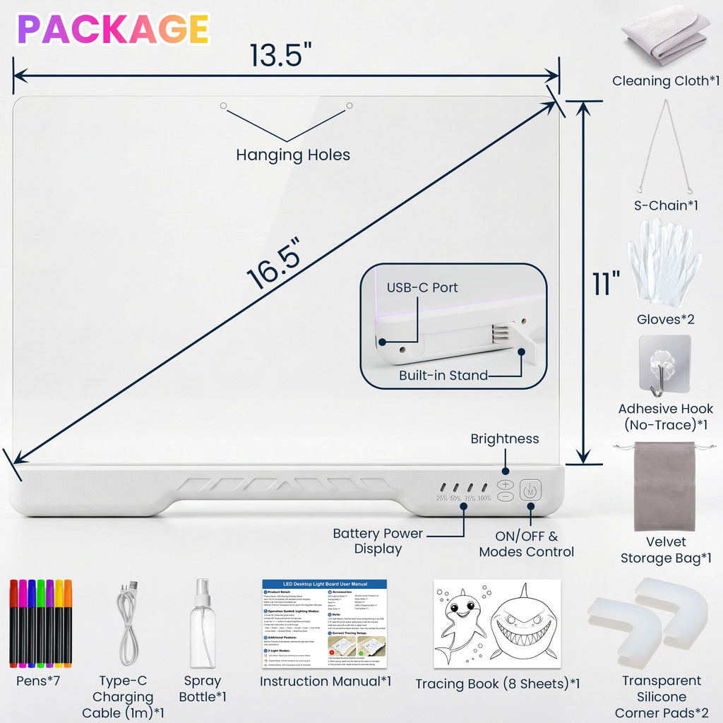 Rechargeable LED Drawing Board, 16-Inch Acrylic Dry Erase Board, Supports 7 Colors and 4 Modes, Includes 7 Pens and Tracing Book, Glow Doodle Message Pad, Night Writing Note Board with Soft Cloth