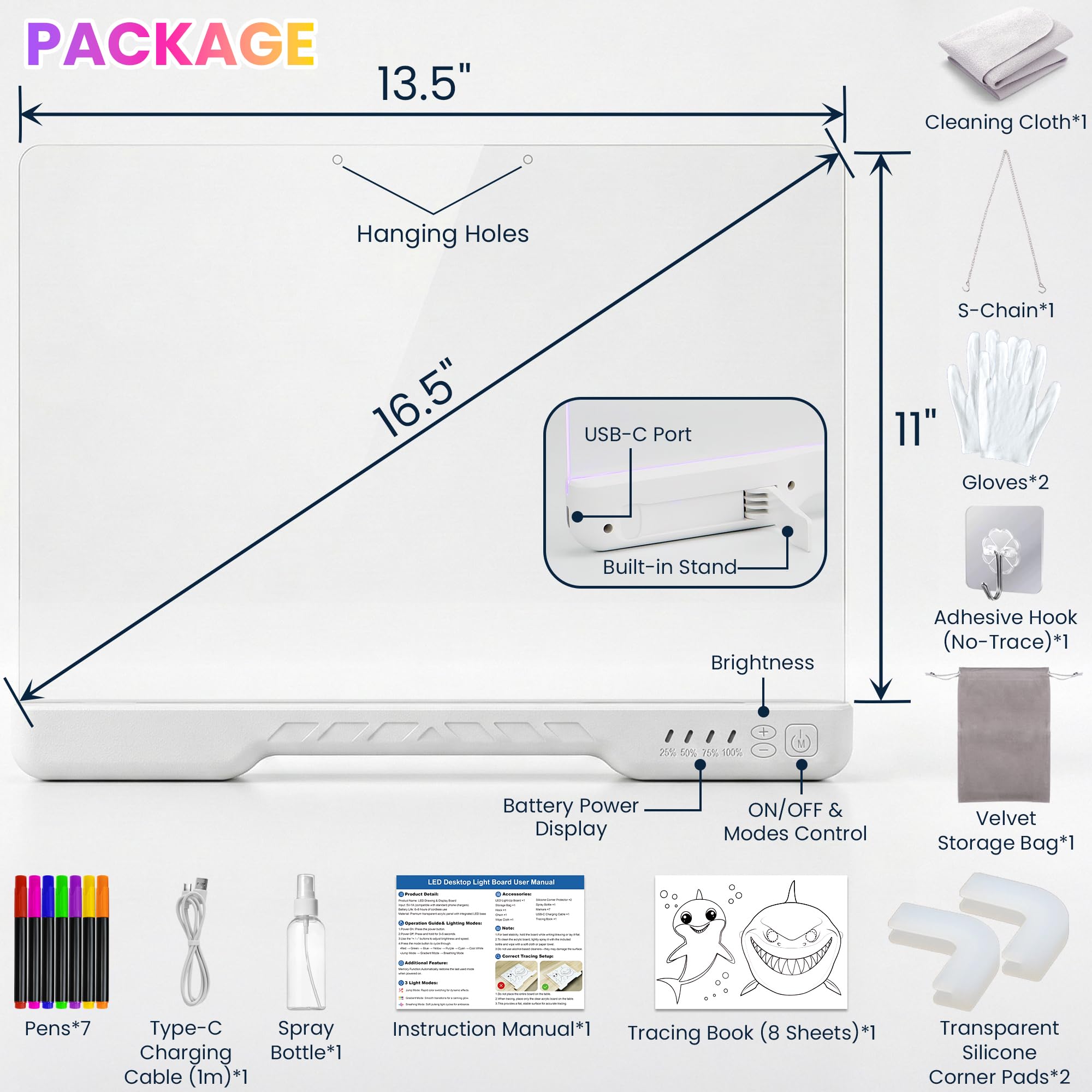 Rechargeable LED Drawing Board, 16-Inch Acrylic Dry Erase Board, Supports 7 Colors and 4 Modes, Includes 7 Pens and Tracing Book, Glow Doodle Message Pad, Night Writing Note Board with Soft Cloth