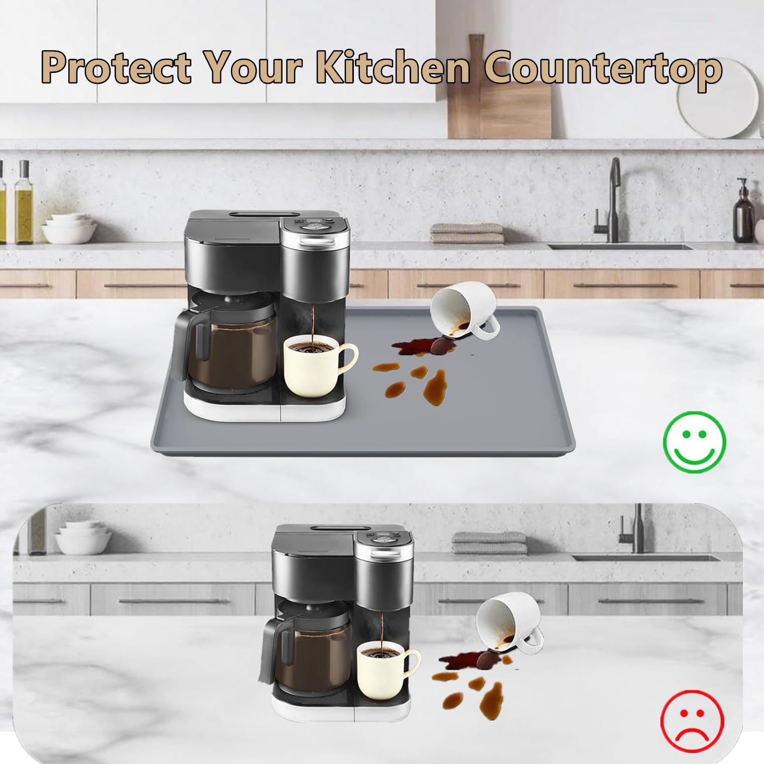 Coffee Maker Mat, Silicone Coffee Mat, 24"x16" Coffee Bar Mat with Detachable Dish Drying Mat, Spill-Proof, Heat-Resistant, Non-Slip, fits Under Coffee Maker & Dish Rack (Black, 24"x16")