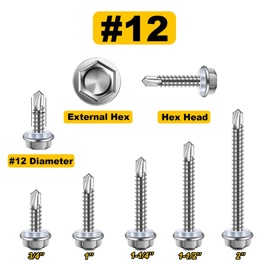 Mywish 100pcs #12×3" Self Drilling Screws for Metal, Self Tapping Screws for Metal 410 Stainless Steel, Hex Washer Head Sheet Metal Tek Screws, High-Strength