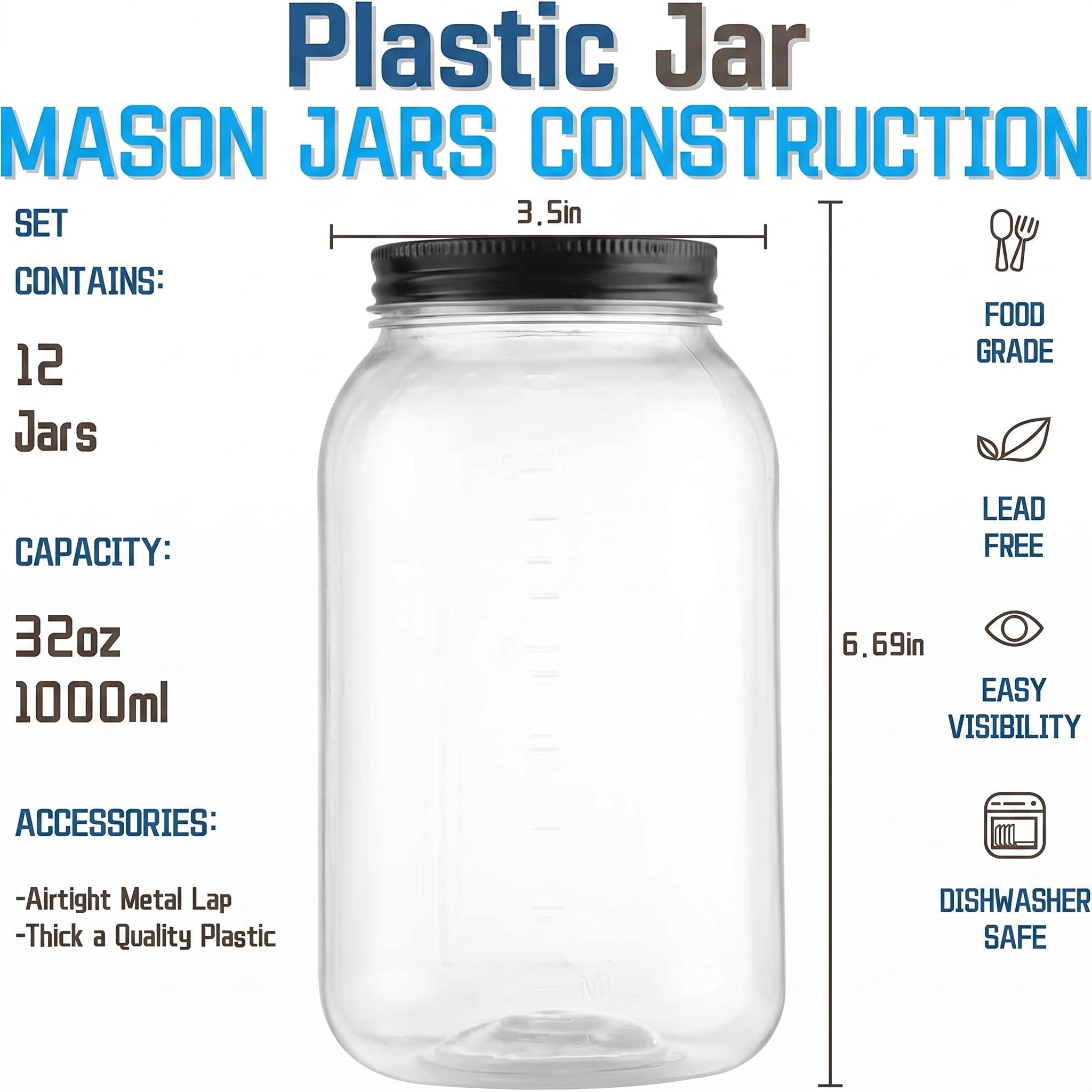 novelinks 32 oz Mason Jars with Plastic Lids, 12 Pack Large Plastic Salad Jars with Lids 32oz, Reusable Spice Containers & Kitchen Jars for Pantry Organization (12 Pack,Black)
