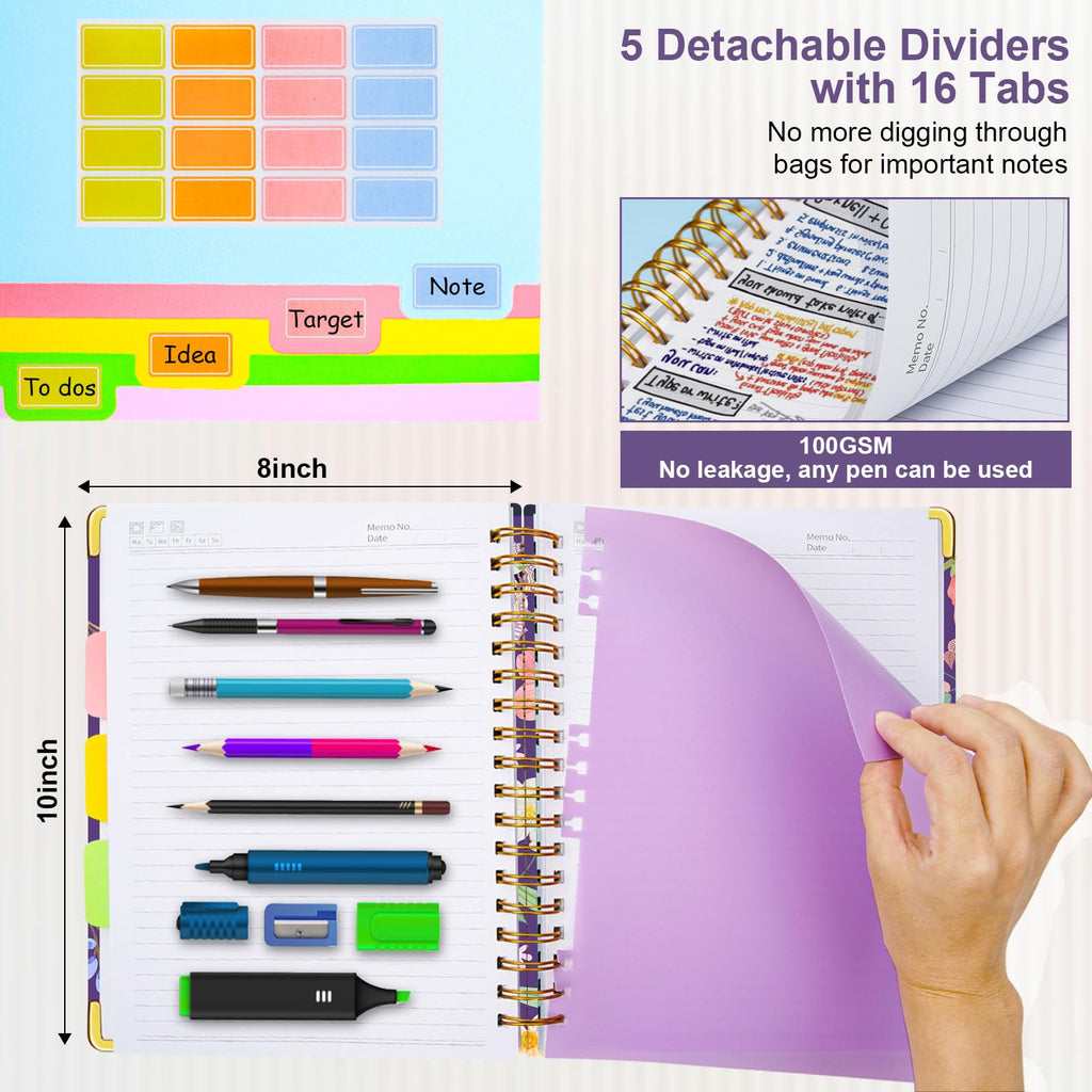 Spiral Journal Notebooks for Work, 300 Pages 5 Subject Notebook College Ruled with Dividers & Tabs, Notebook Journal for Women Students Note-Taking and Organizer (Purple Floral, B5(8"x10"))