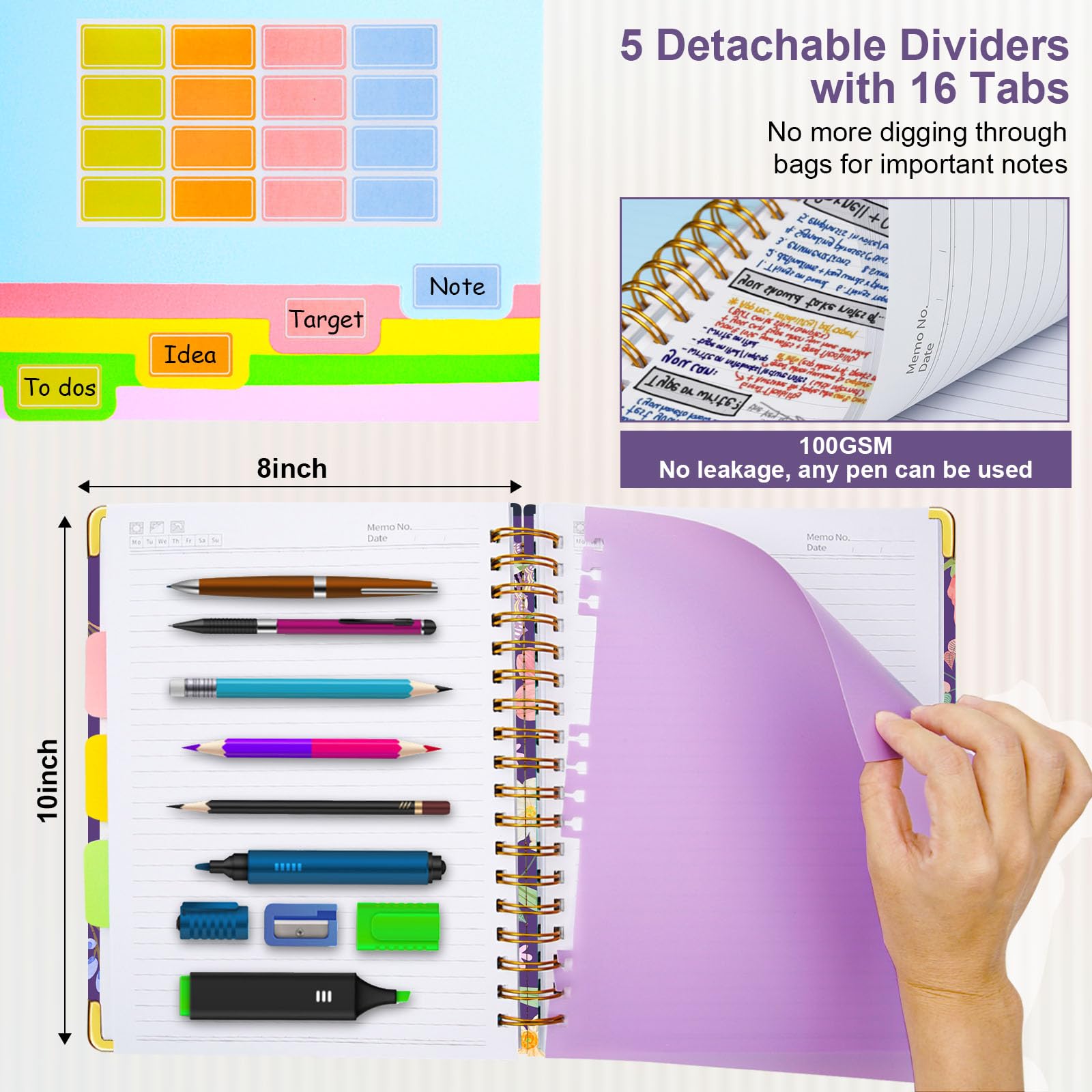 Spiral Journal Notebooks for Work, 300 Pages 5 Subject Notebook College Ruled with Dividers & Tabs, Notebook Journal for Women Students Note-Taking and Organizer (Purple Floral, B5(8"x10"))