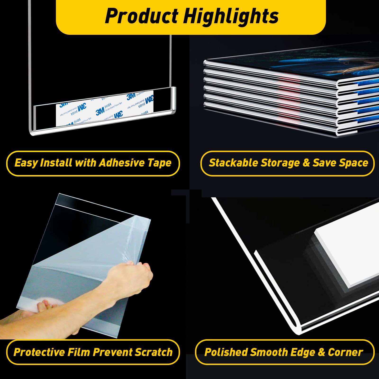 KSacry 6 Pcs Acrylic Sign Holder 8.5 x 11, Vertical Wall Mount Sign Holders with 3M Adhesive, Clear Plastic Frames Paper Display Sign Holders for Office, Home, Store, Restaurant - No Drilling