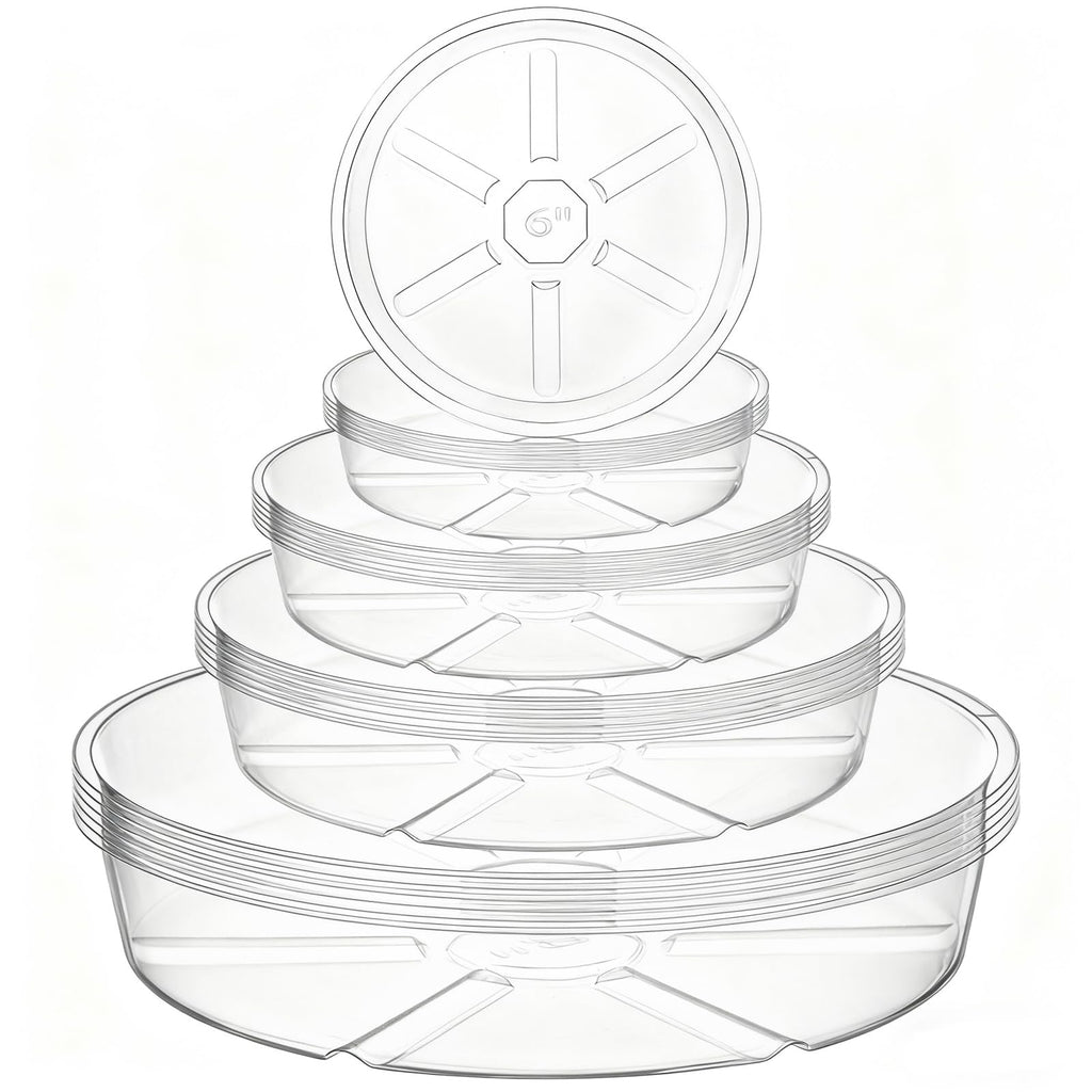 Hacaroa 24 Pack Clear Plant Saucer Drip Trays, 6/8/10/12 Inch Plastic Plant Trays Flower Pot Saucers for Indoor & Outdoor Plants, Round, 4 Sizes