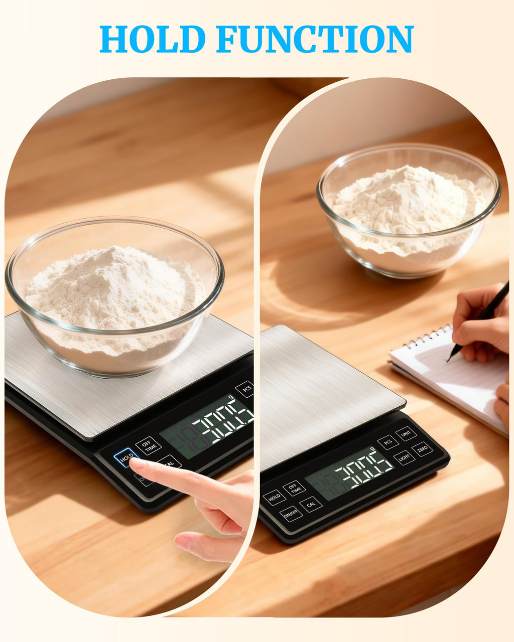 NEXT-SHINE Food Kitchen Scale 11lb/5kg, 0.1g High Precision & Type-C Rechargeable Digital Scale, Large Stainless Steel Platform with Backlit LCD for Baking, Cooking, Meal Prep (9 Units, Tray Included)