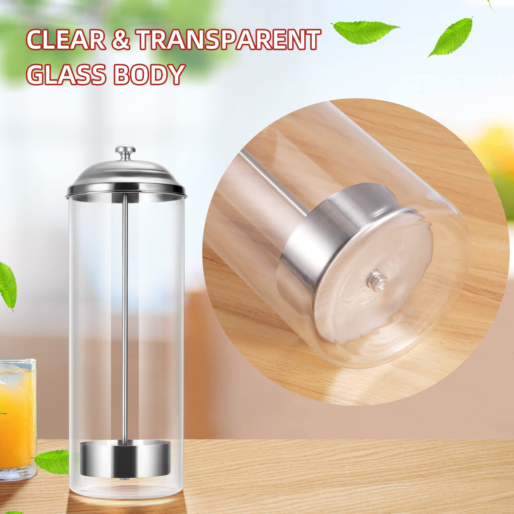 Kailund Glass Straw Holder Drinking Straw Dispenser for Counter with 200 Straws & Stainless Steel Lid, Retro Straw Organizer Container for Cafes, Bars, Home