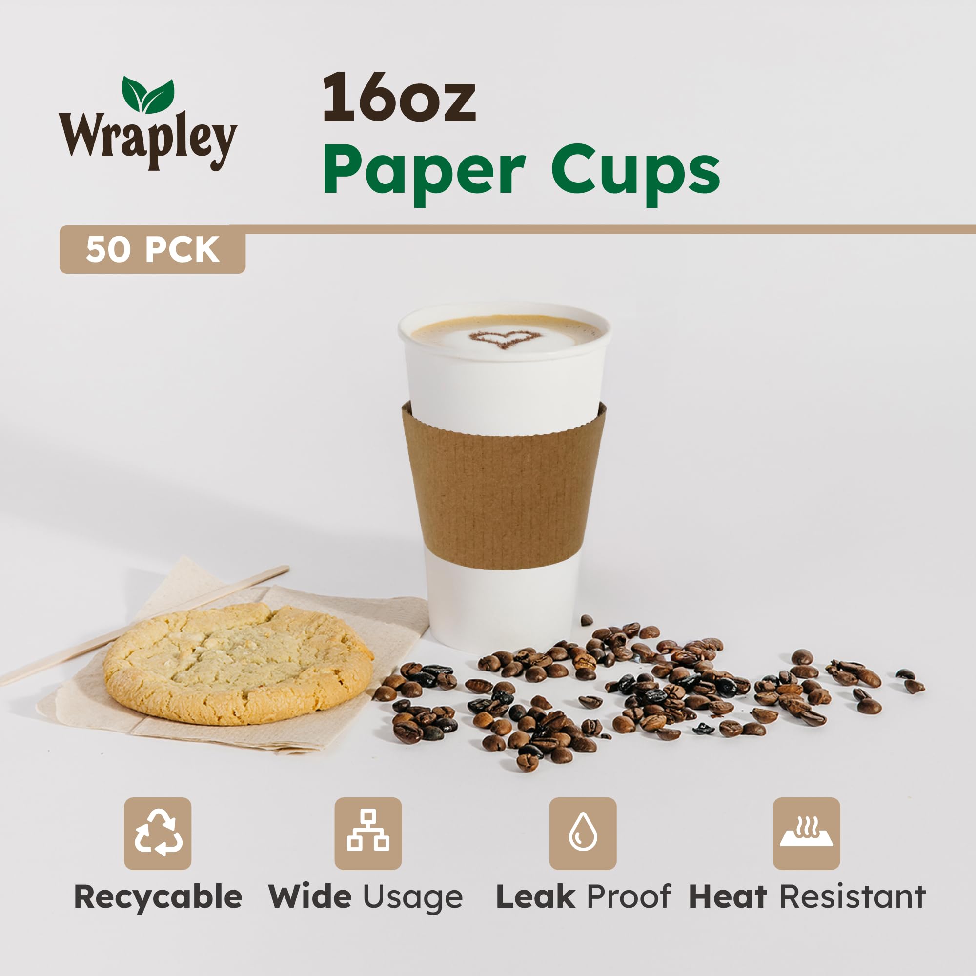 16oz Disposable Coffee Cups with Lids and Sleeves – Set of 50 Disposable Cups for Hot and Cold Drinks – White Paper Cups with Lids and Covers for Thermal Protection – 50 Units, 16oz Each