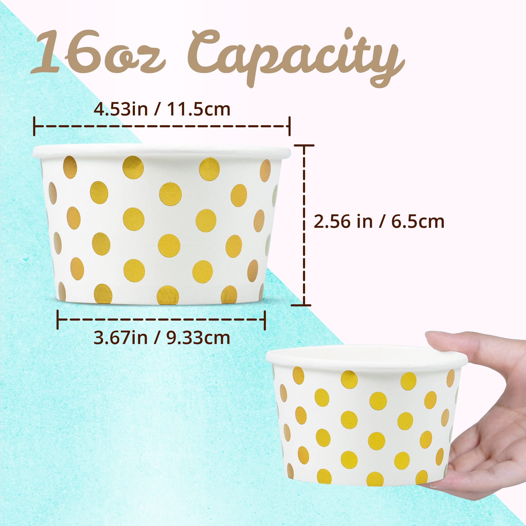 MATICAN 50-Count Paper Ice Cream Cups - 16-Oz Disposable Dessert Bowls with Gold Foil Polka Dots