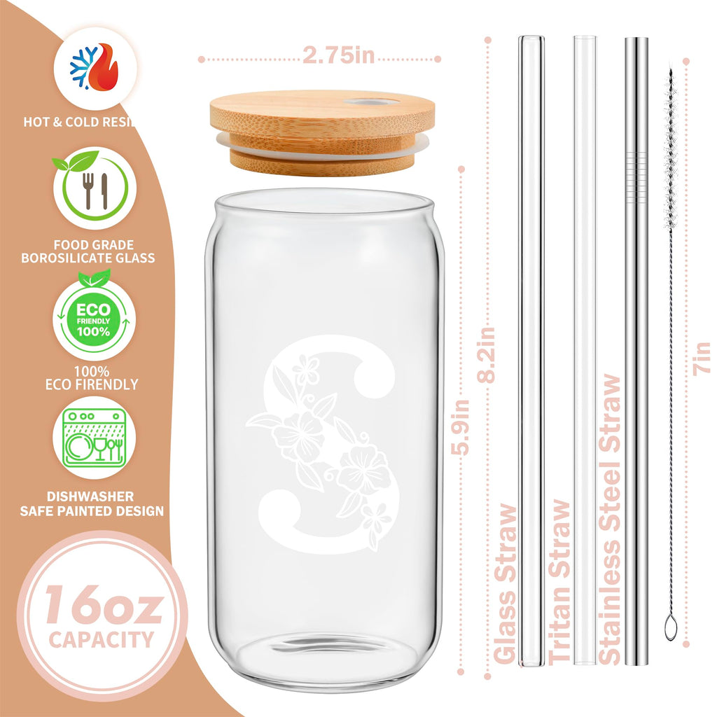 Personalized Customized Gifts for Women, Cute Monogrammed Glass Cups with Lids and Straws, Initial Iced Coffee Cup Drinking Glasses, Custom Letter Mug Tumbler, Birthday Christmas Gifts for Her Mom, M