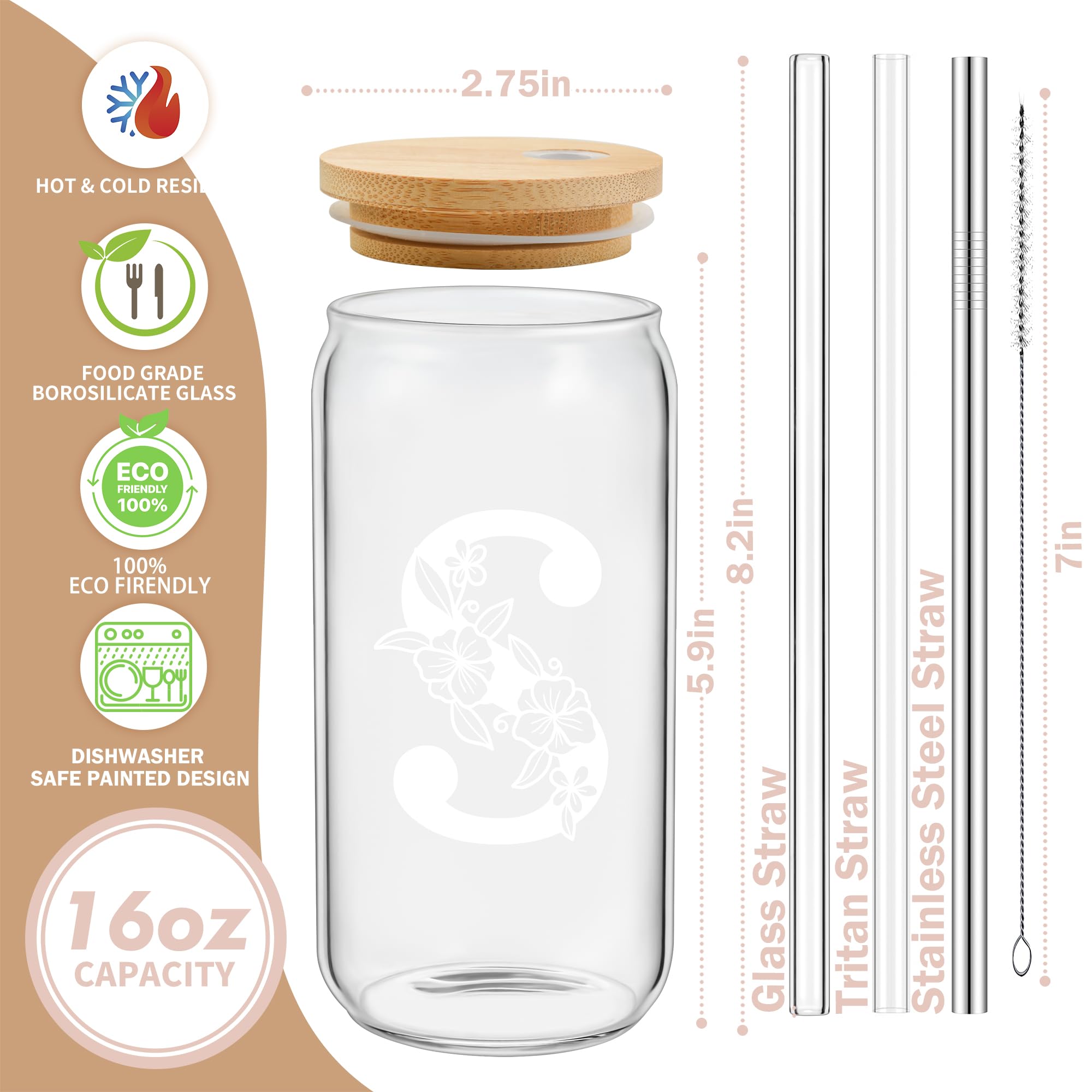 Personalized Customized Gifts for Women, Cute Monogrammed Glass Cups with Lids and Straws, Initial Iced Coffee Cup Drinking Glasses, Custom Letter Mug Tumbler, Birthday Christmas Gifts for Her Mom, M
