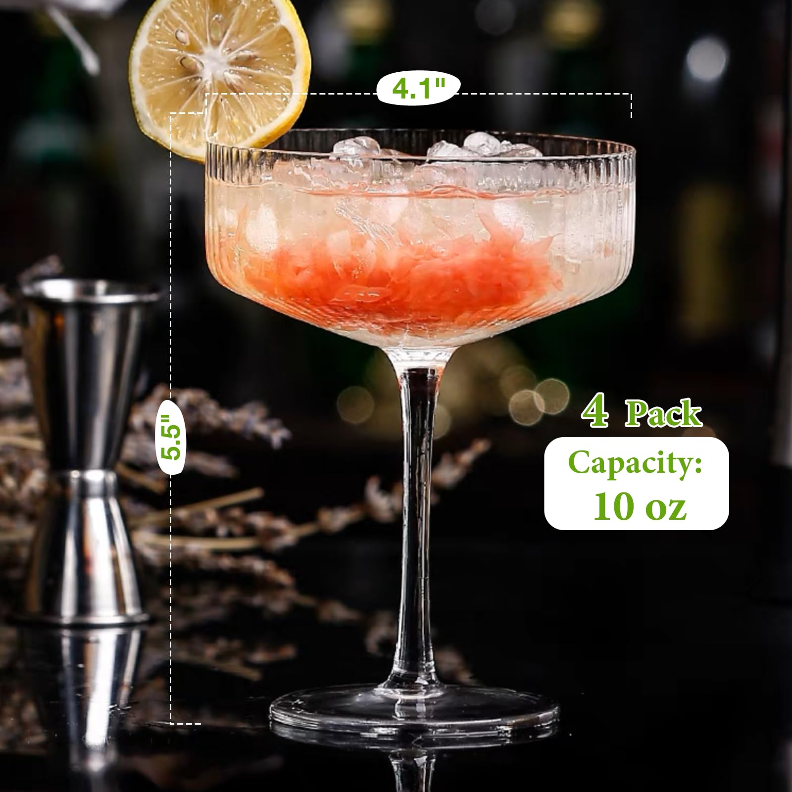 Qipecedm 4 Pcs Ribbed Coupe Glasses, 10 oz Vintage Cocktail Glassware Set, Unique Martini Glass, Classic Bar Drinking Glasses Perfect for Wine, Champagne & Gift