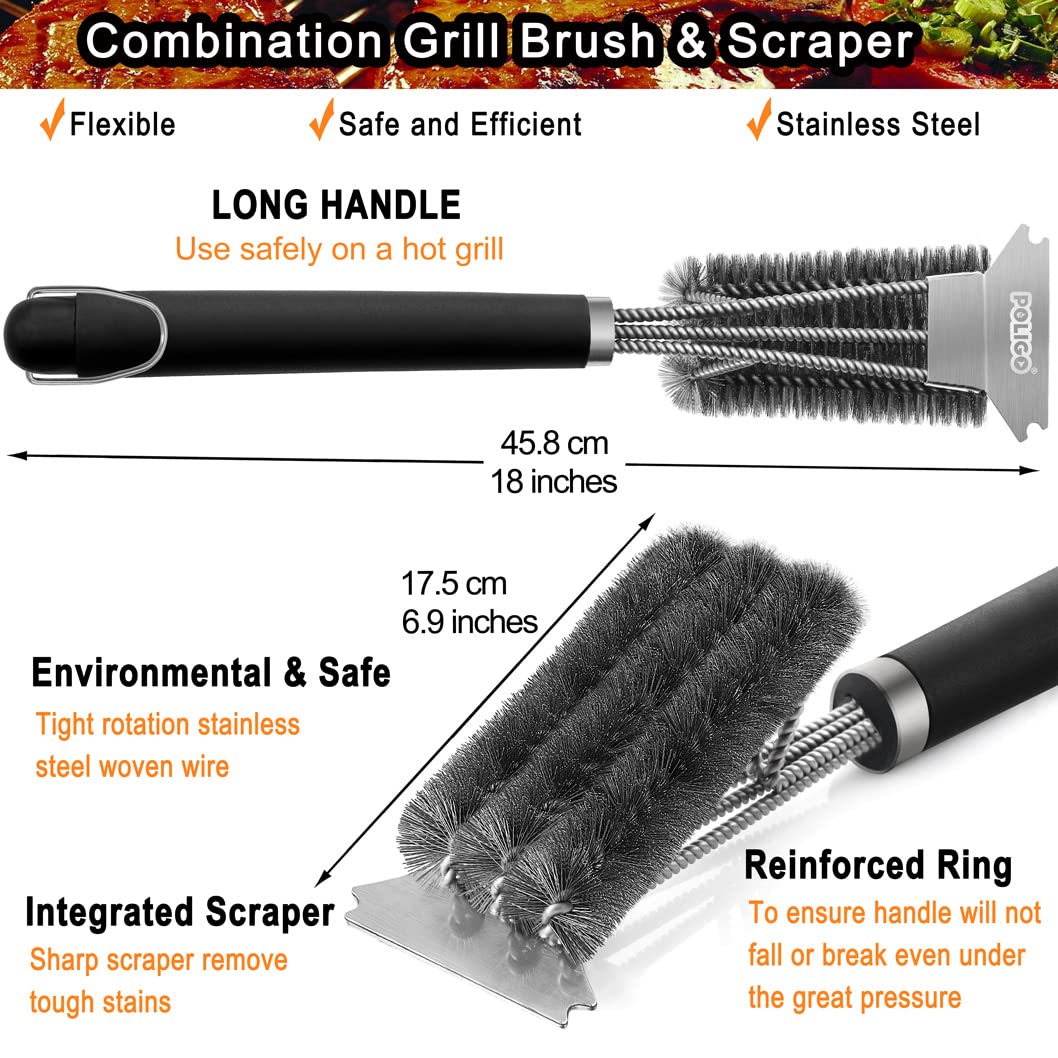POLIGO Grill Brush and Scraper with Deluxe Handle - Safe Wire Stainless Steel BBQ Brush for Gas Infrared Charcoal Porcelain Grills - Ideal Gift BBQ Cleaning Brush for Grill Wizard Grate Cleaner