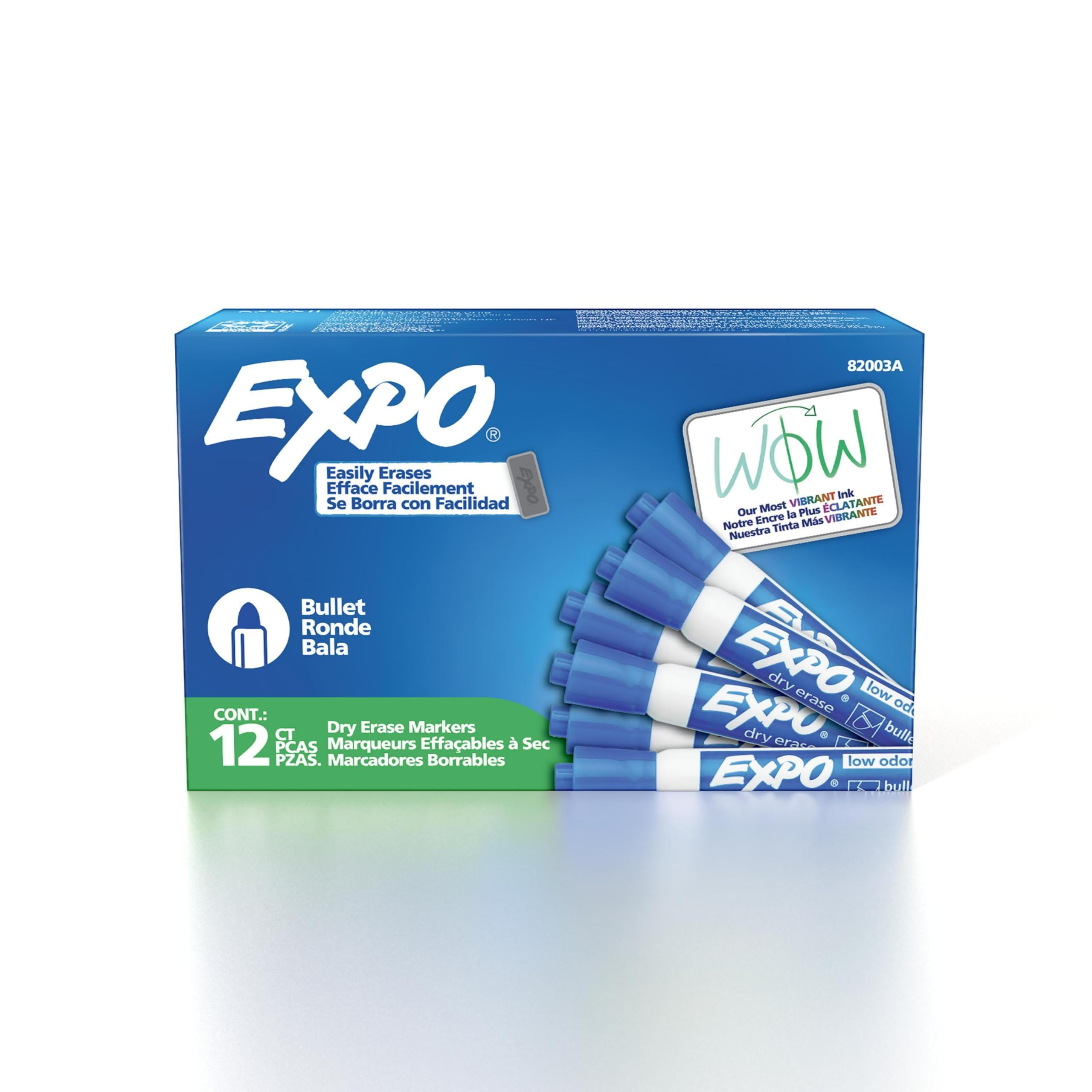 EXPO Dry Erase Markers, Low Odour Ink, Blue, Bullet Tip, 12 Count
