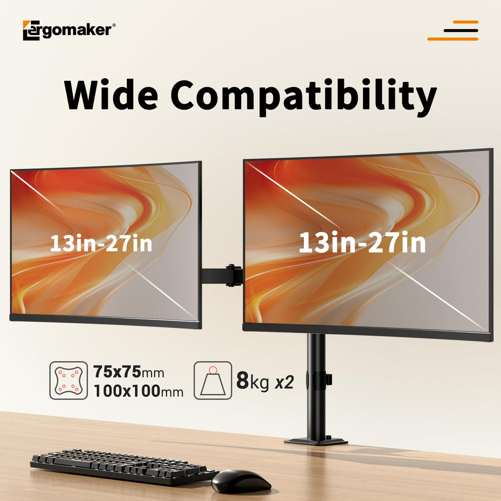 ERGOMAKER Dual Monitor Arm, Adjustable Dual Monitor Mount, Duty Dual Monitor Stand for Desk for 2 Computer Monitors up to 27", Double Monitor Mount for LCD Screens