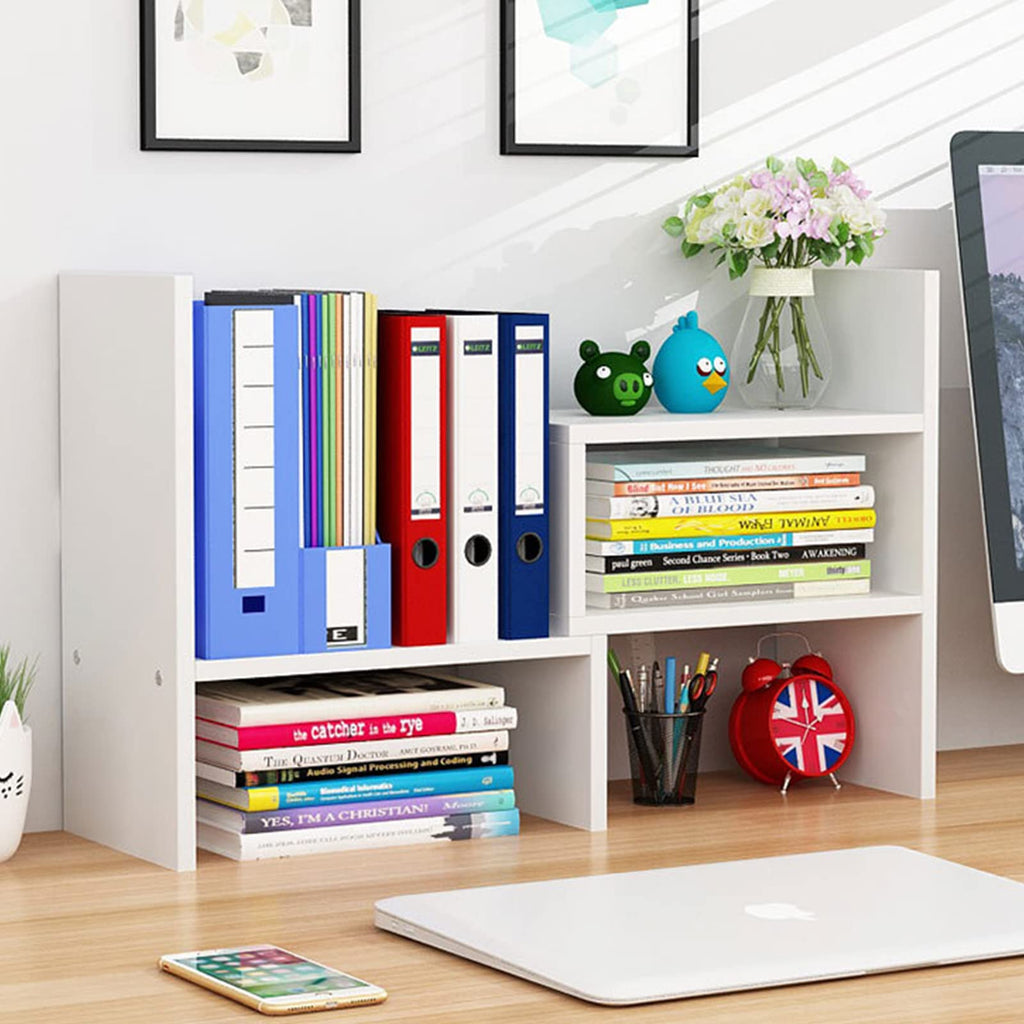 Olyzer Desktop Organizer Office Storage Rack, Adjustable Bookshelf Display Shelf, Versatility Office Supplies Desk Organizer, Free Style Expandable Desktop Bookcase Stand Shelf (White)