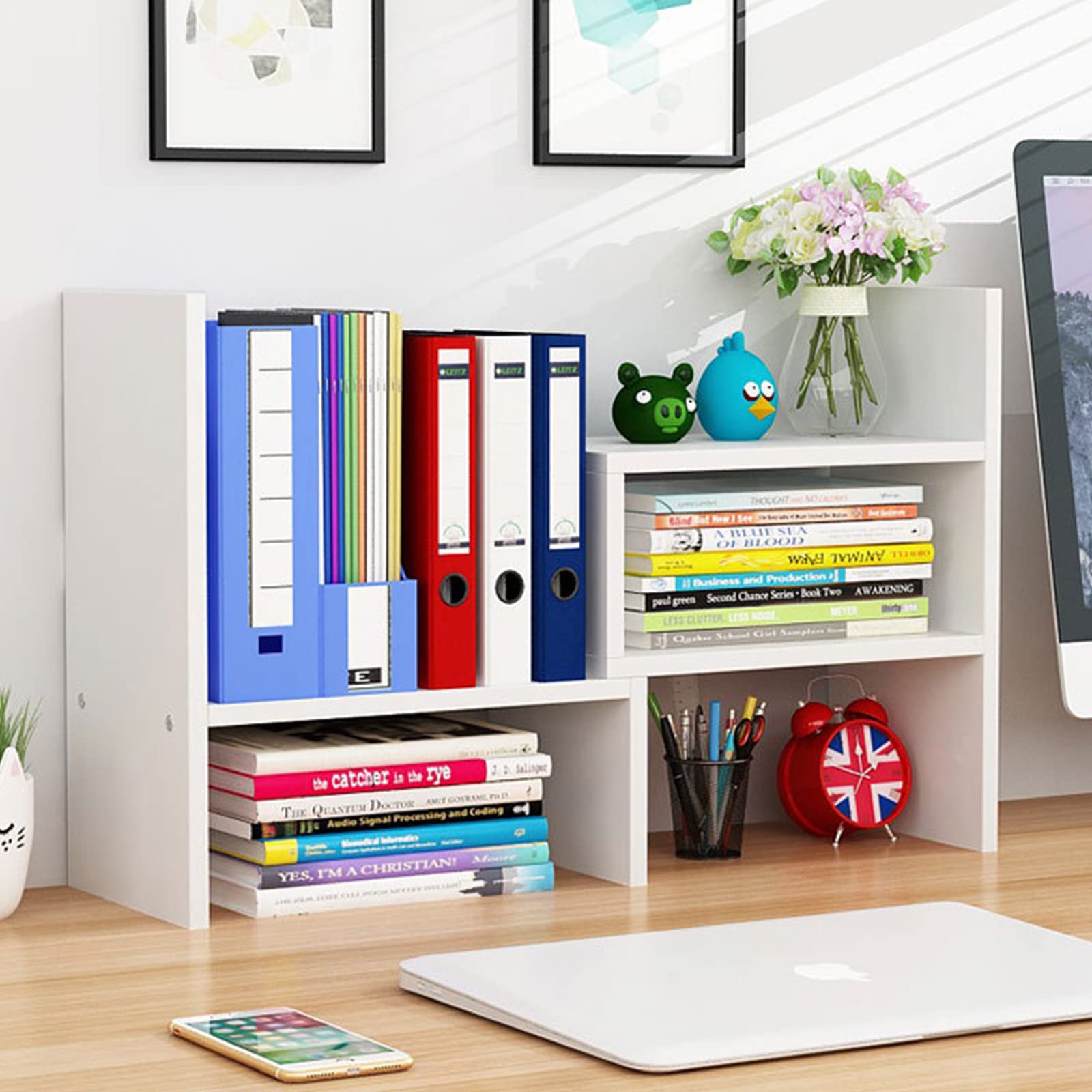 Olyzer Desktop Organizer Office Storage Rack, Adjustable Bookshelf Display Shelf, Versatility Office Supplies Desk Organizer, Free Style Expandable Desktop Bookcase Stand Shelf (White)