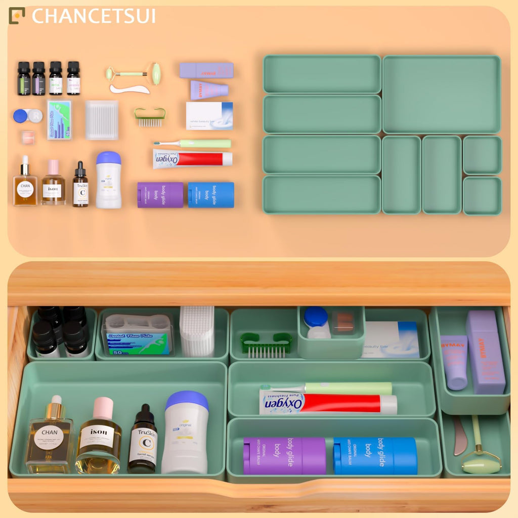 9 Pcs Organizer Trays Set, Multifunctional Stackable Storage Trays for Bedroom, Bathroom, Kitchen Drawer Organizer. Plastic Drawer Storage Boxes Available In 5 Colours, White, Black, Military Blue, Dusty Rose And Forest Green
