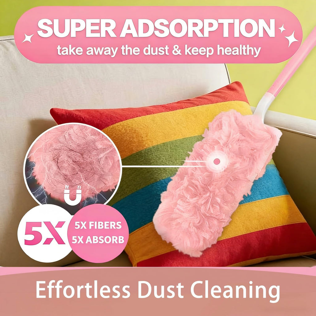 30 Count Pink Duster Refills Compatible with Swiffer Handle, 360° Multi-Surface Duster Refills with 2 Handle, 5X Microfibers Disposable Dusters for Cleaning Pet Hair, Home, Office, Blinds, Furniture