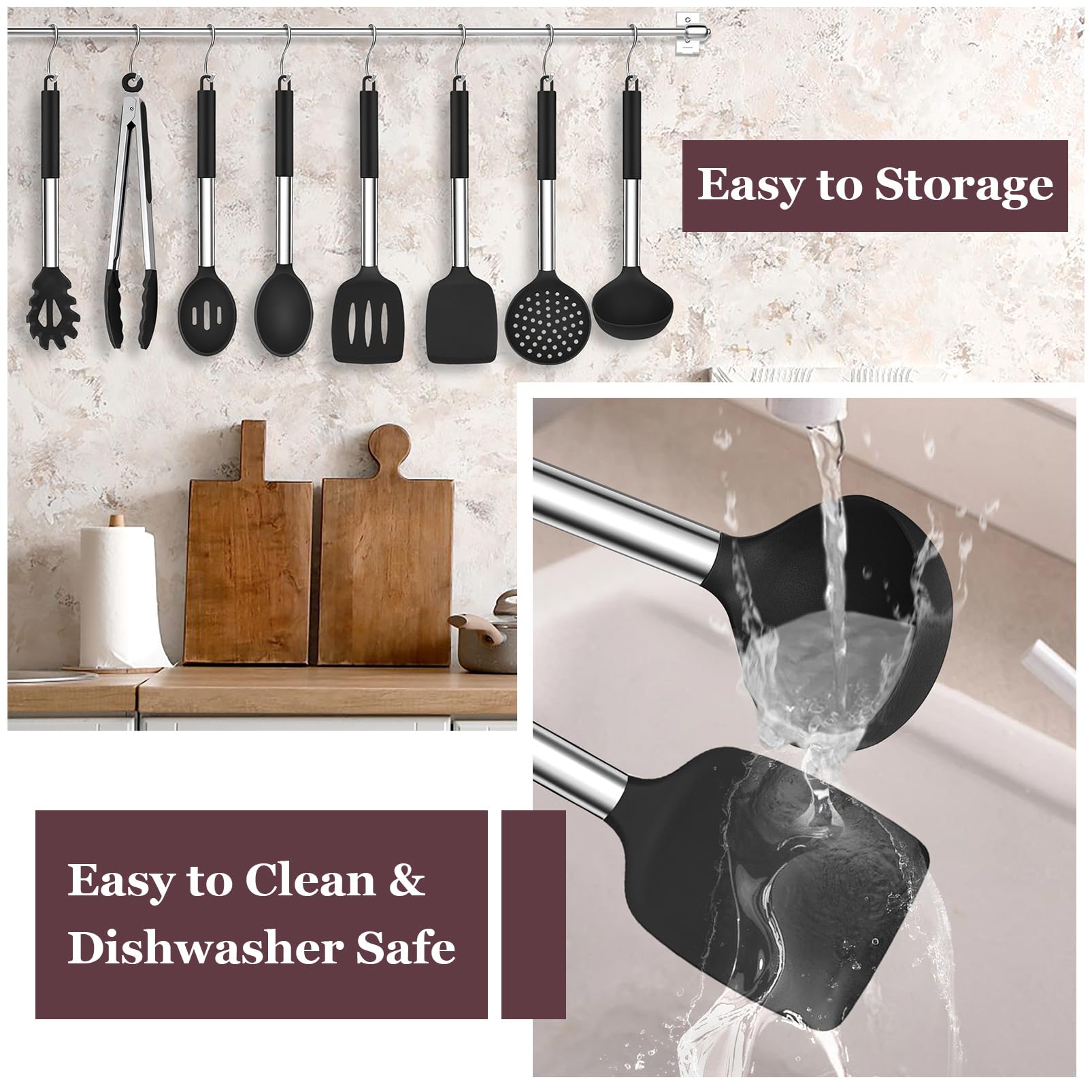 TeamFar Kitchen Utensils Set of 8, Silicone Utensils Kitchen Tools Set with Stainless Steel Handle, for Frying Serving Flipping Draining, Non-Toxic & Heatproof, Nonstick & Dishwasher Safe - Black