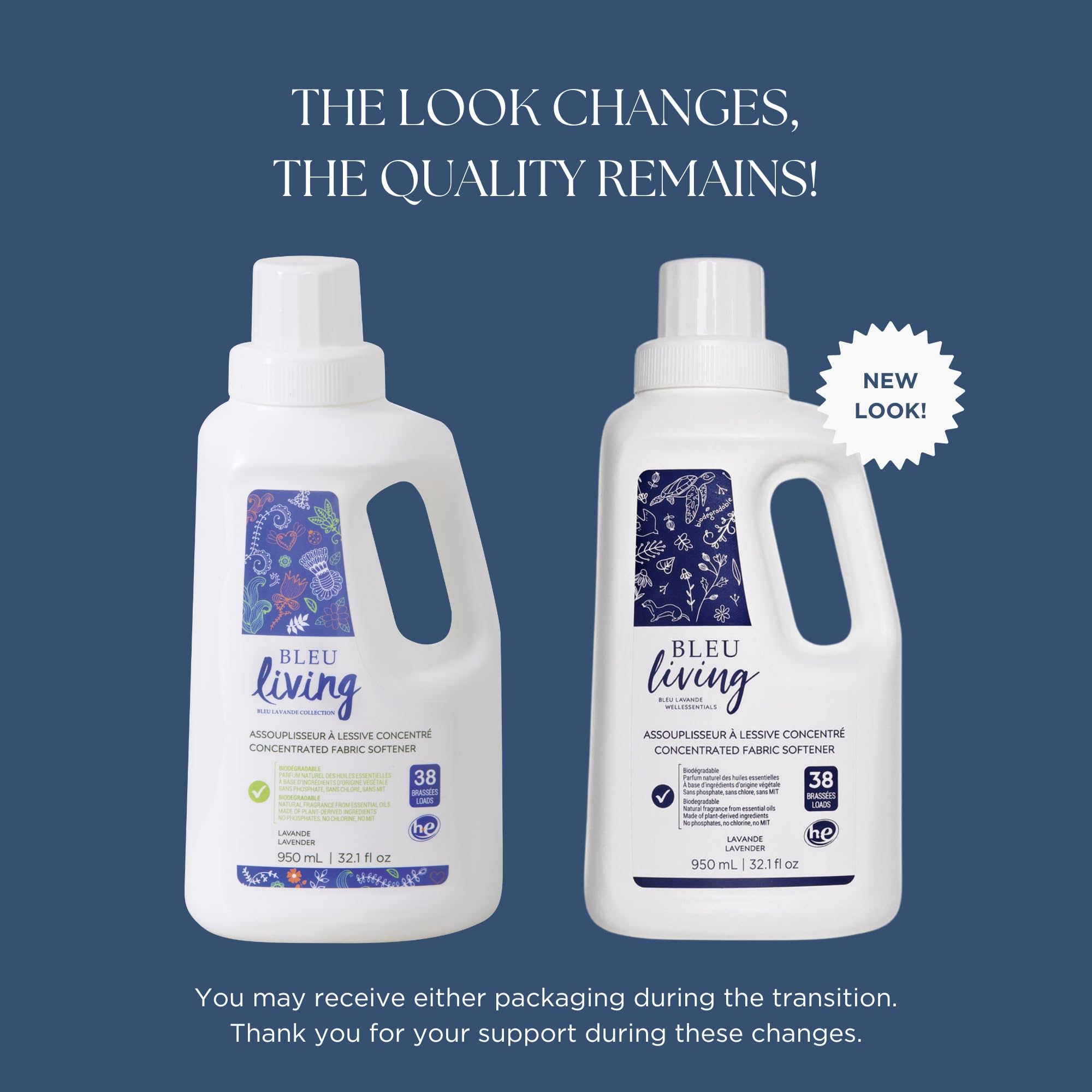 Bleu Lavande - 3-Pack Natural Fabric Softener – Concentrated Lavender Liquid Softener - Biodegradable, Eco-friendly, Hypoallergenic - Chloride & Phosphate-free - Aromatherapy - (38 loads-950 ml) x3