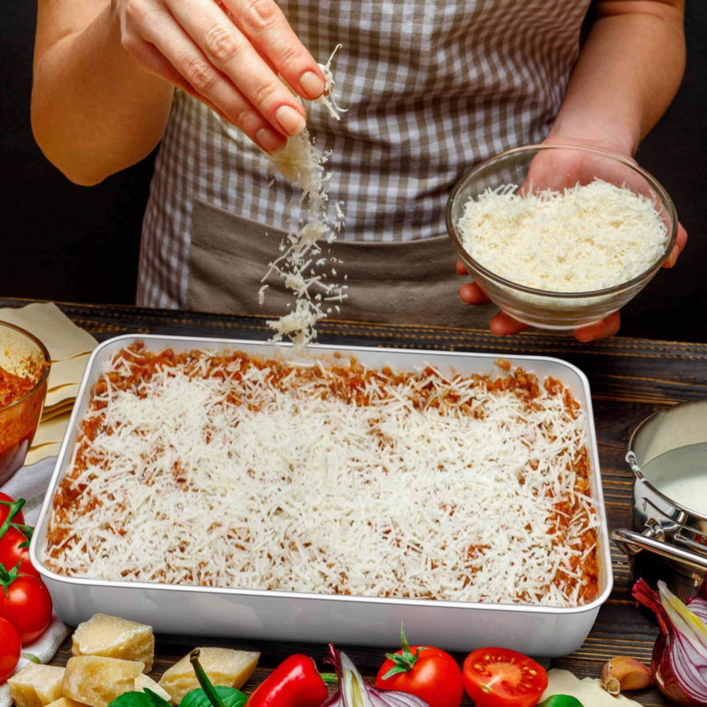 TeamFar Lasagna Pan, 12⅖’’ x 9¾’’ x 1.85’’ Stainless Steel Rectangular Cake Brownie Baking Pan with Lid, Non-Toxic & Heavy Duty, Brush Surface & Deep Side, Dishwasher Safe-2 Pans+2 Lids